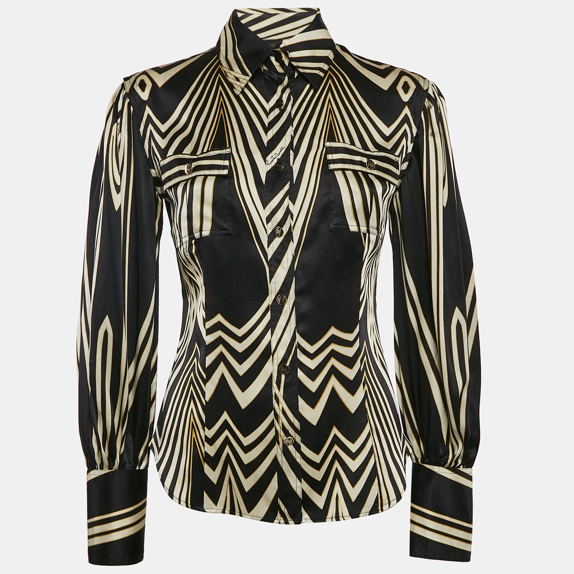 

Roberto Cavalli Black Printed Satin Silk Long Sleeve Shirt M