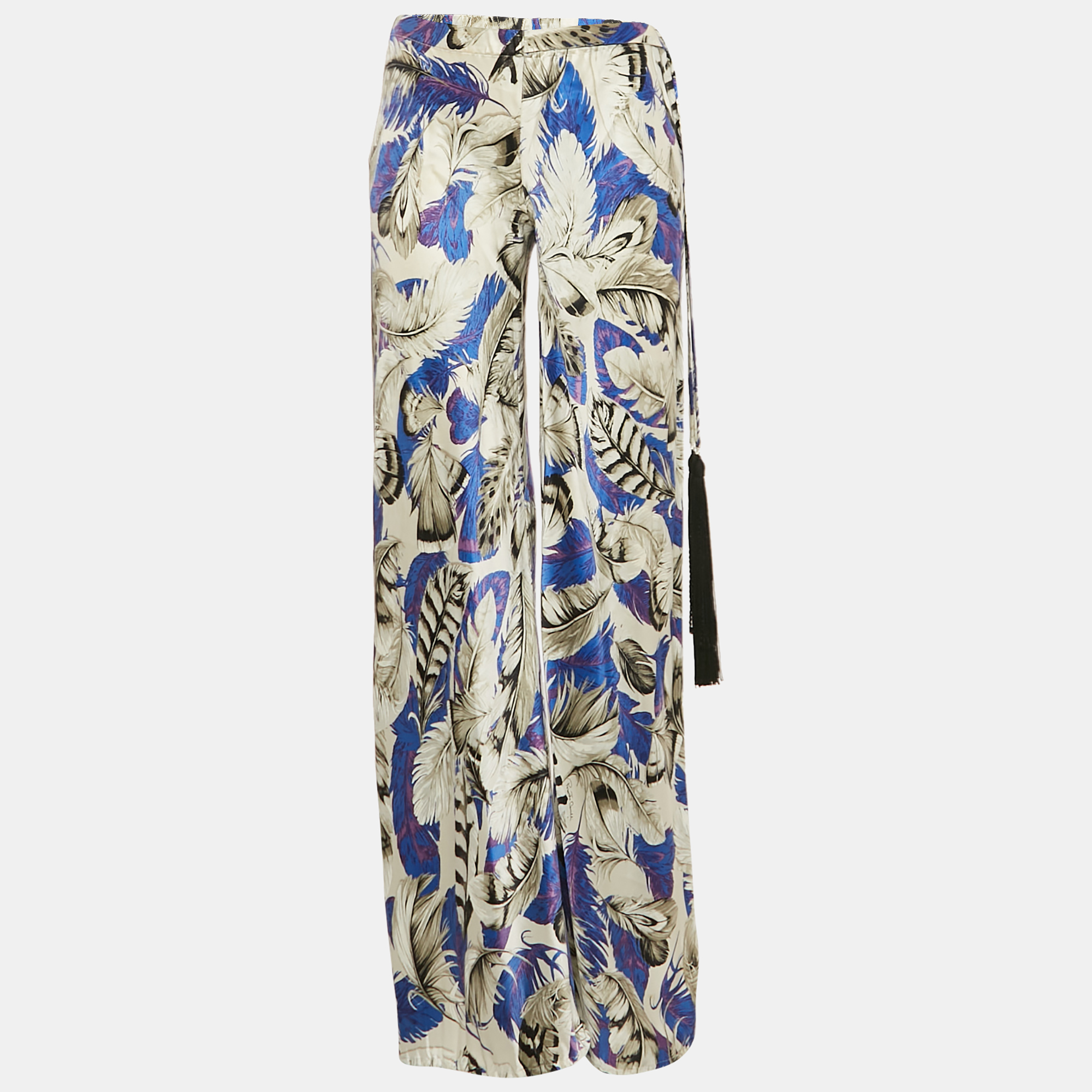 

Roberto Cavalli Multicolor Feather Print Silk Satin Wide Leg Trousers S