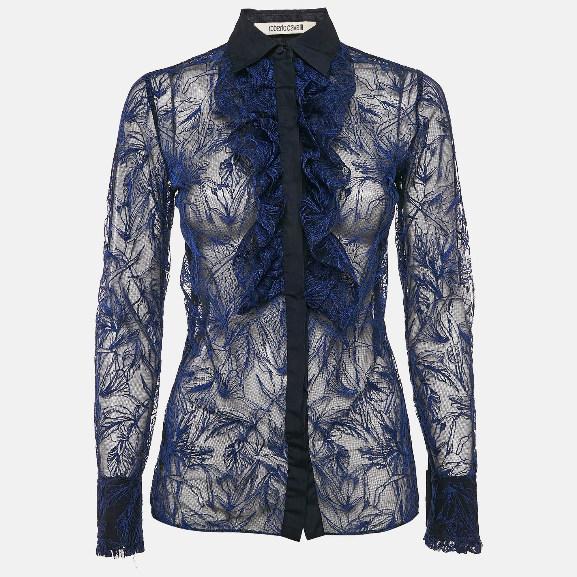 

Roberto Cavalli Blue Embroidered Tulle Frilled Sheer Shirt S