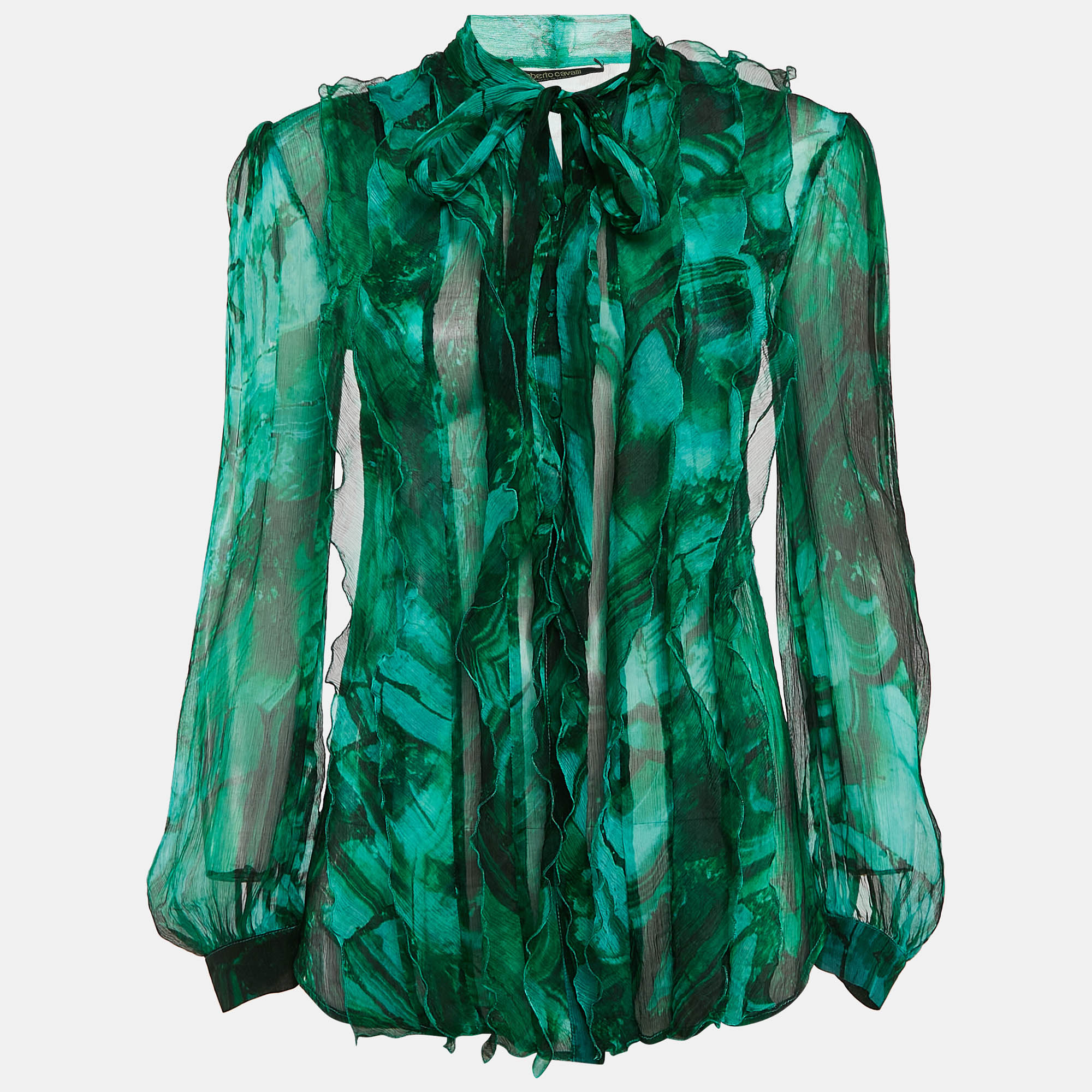 

Roberto Cavalli Green Abstract Print Chiffon Sheer Ruffled Shirt XS