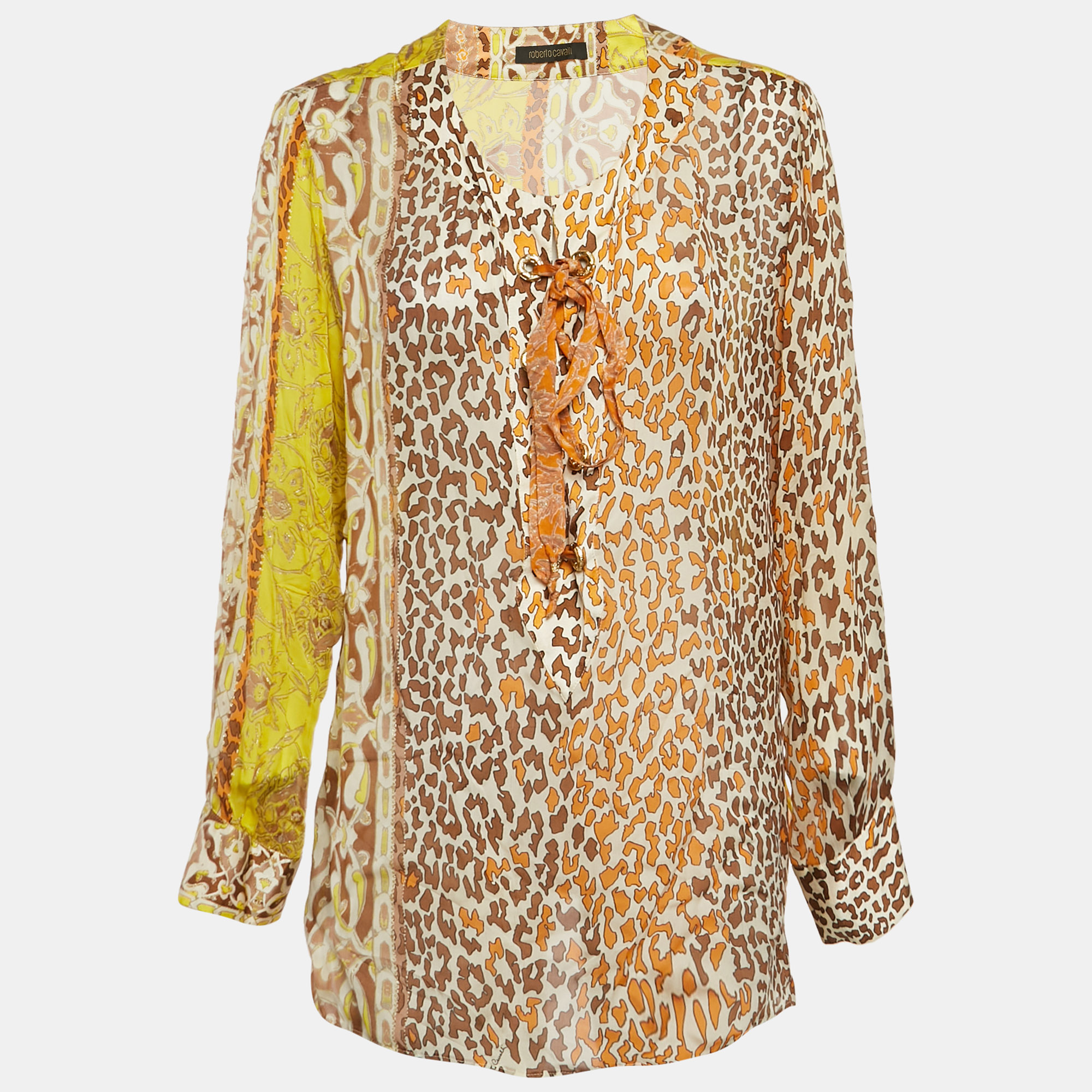 

Roberto Cavalli Yellow Printed Silk Lace Up Blouse L