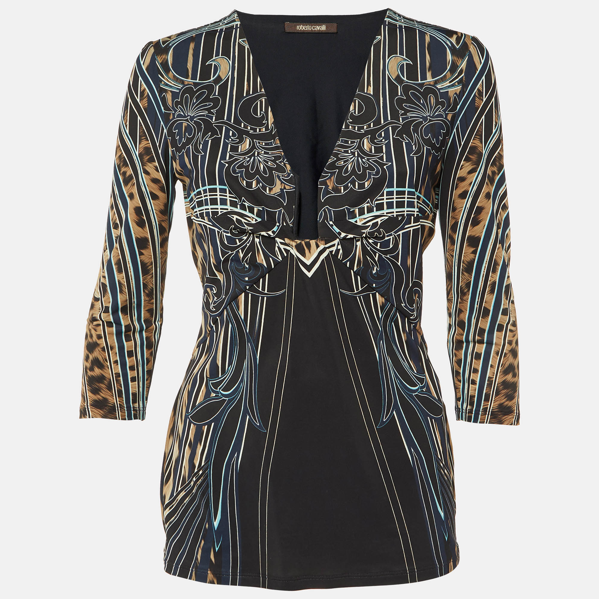 

Roberto Cavalli Black Printed Jersey Plunge Neck Top M