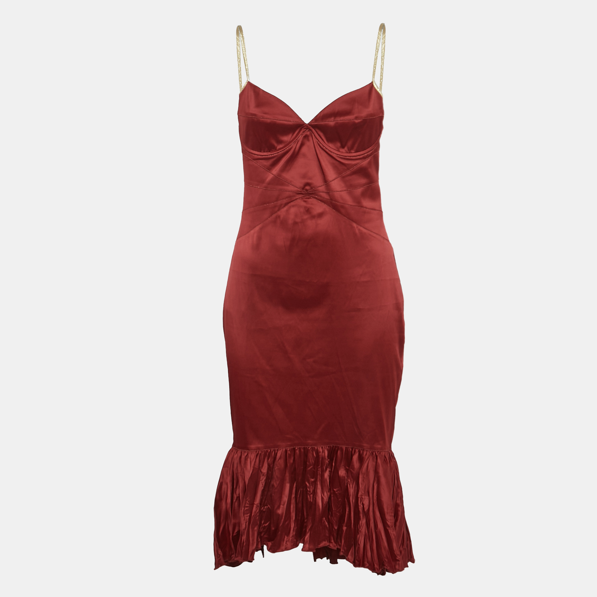 

Roberto Cavalli Red Stretch Satin Flounce Midi Dress M