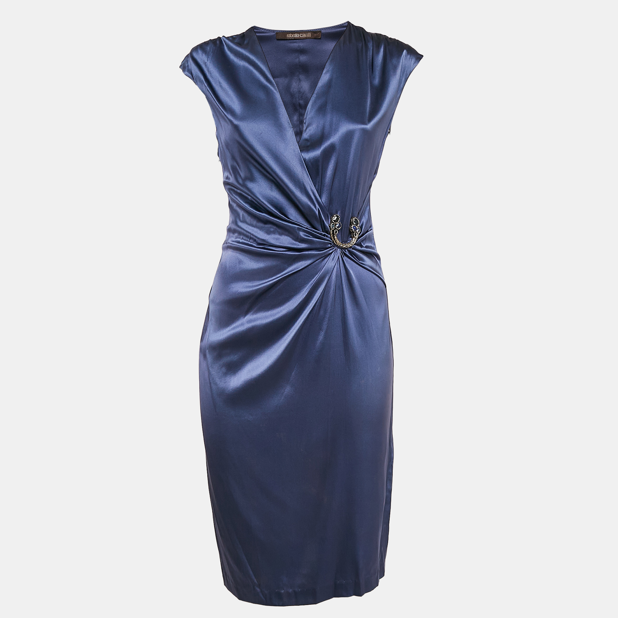 

Roberto Cavalli Blue Satin Silk Sleeveless Midi Dress M