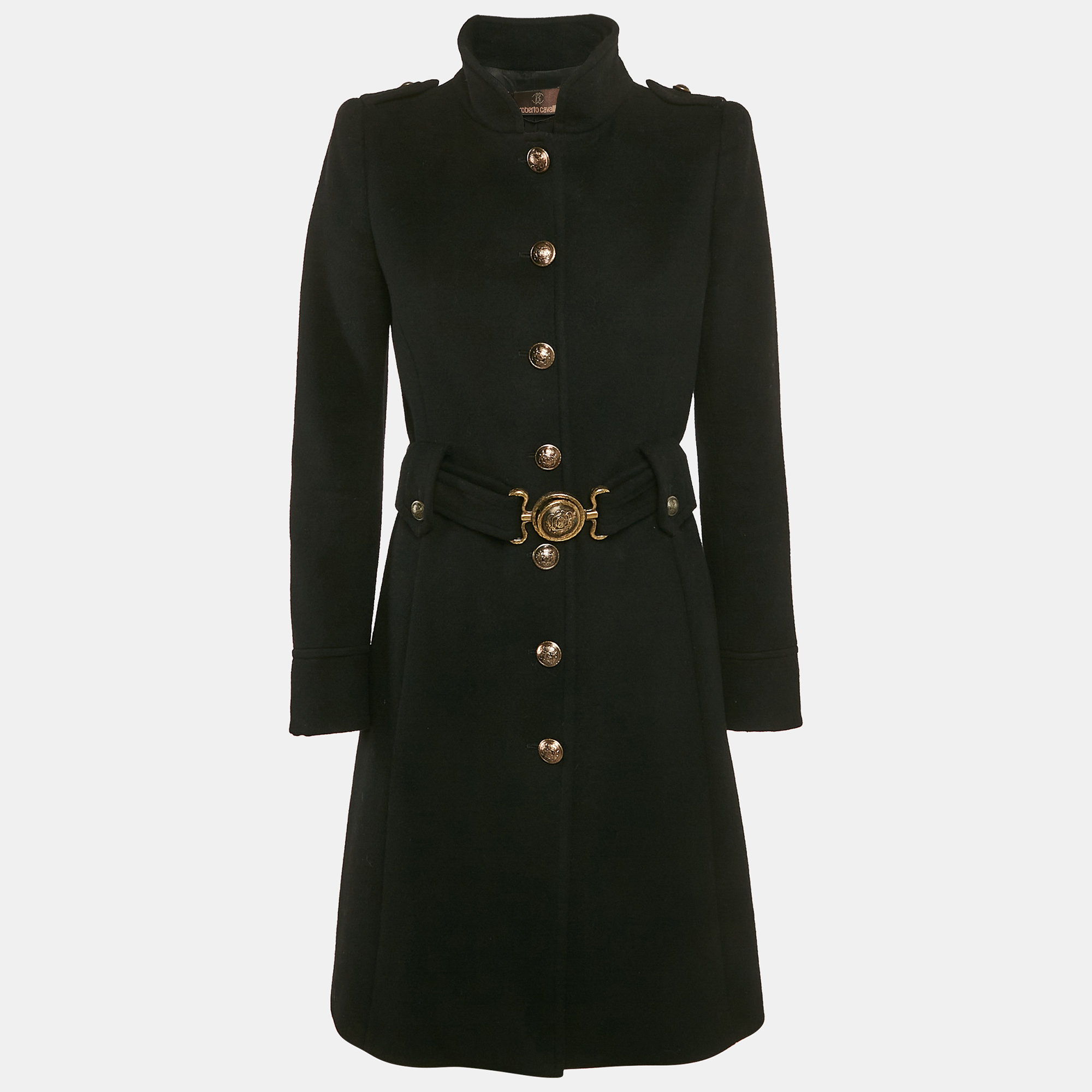 

Roberto Cavalli Black Wool Belted Button Detail Trench Coat M