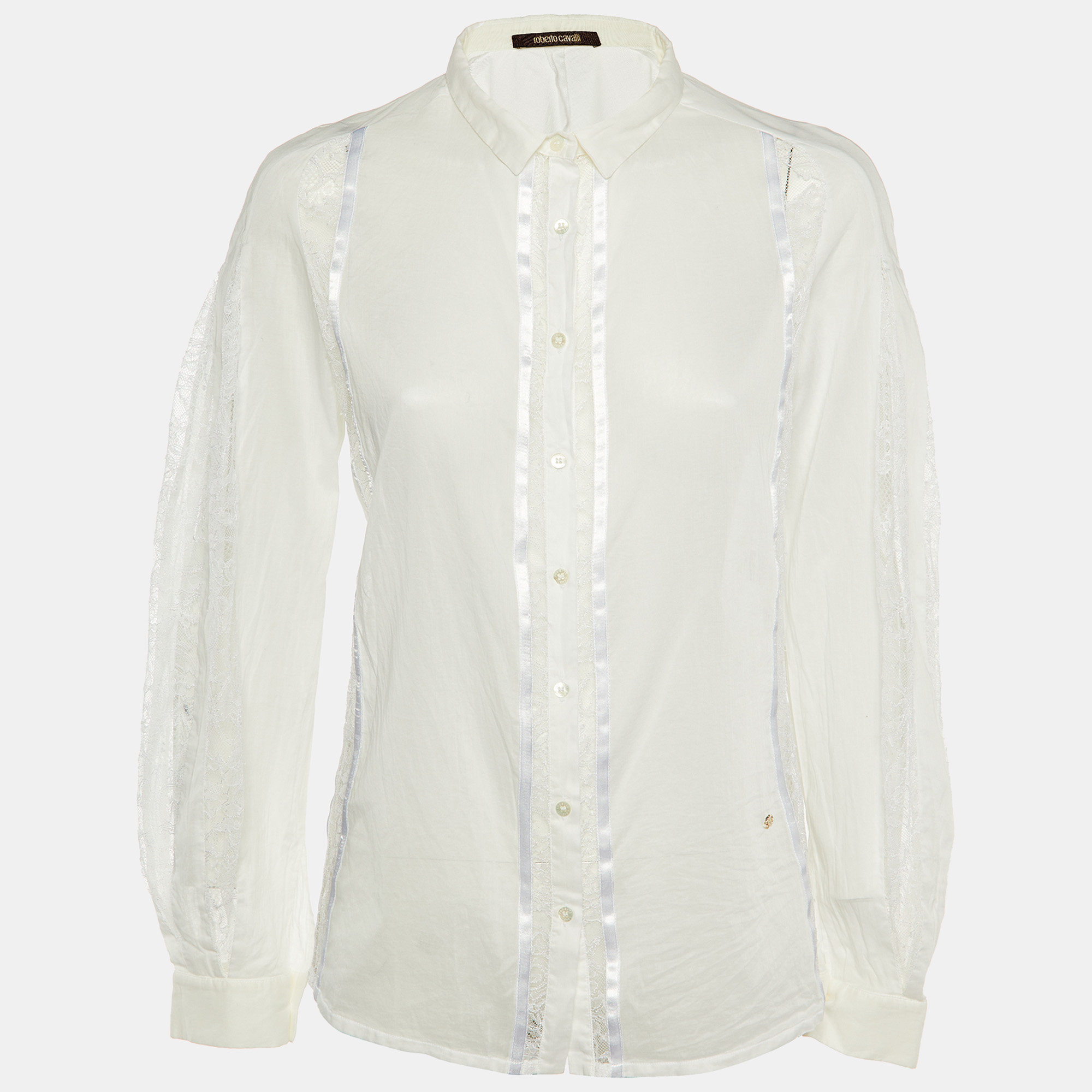 

Roberto Cavalli White Cotton & Lace Paneled Button Up Shirt L