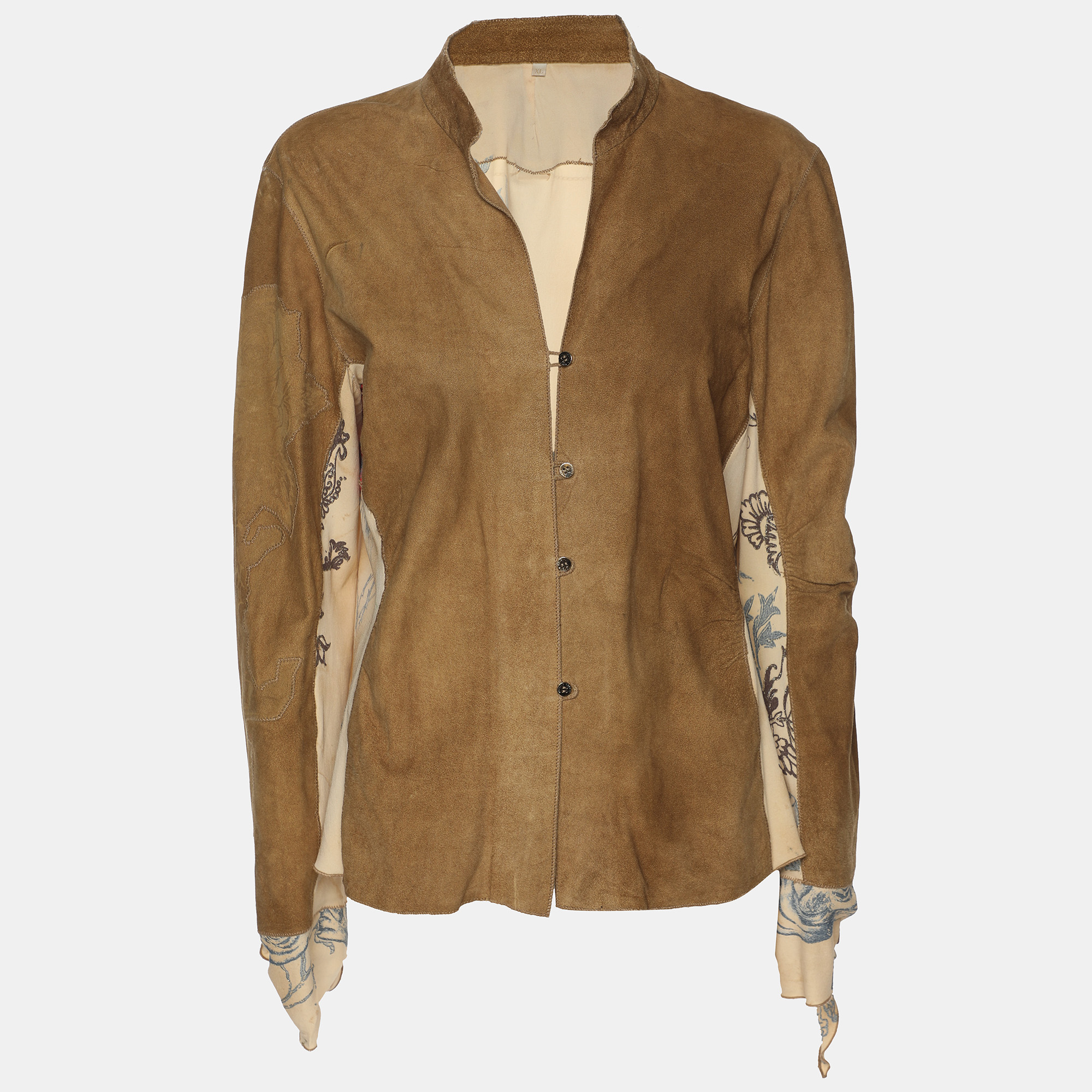 

Roberto Cavalli Khaki Embroidered Suede and Silk Jacket, Brown