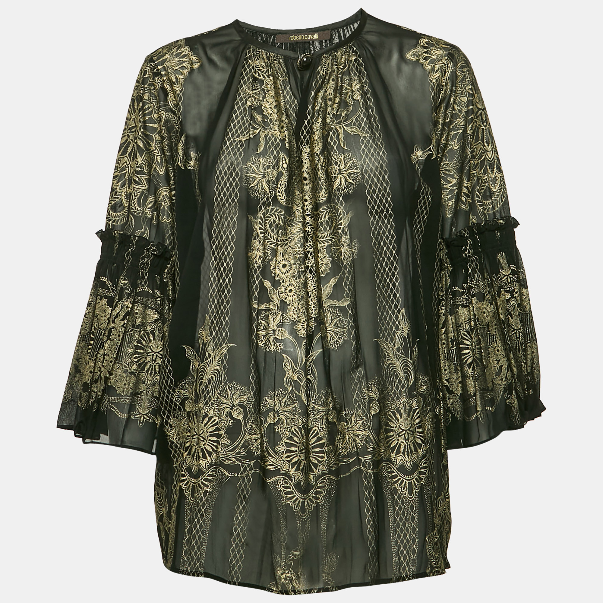 

Roberto Cavalli Black Painted Silk A-Line Blouse L