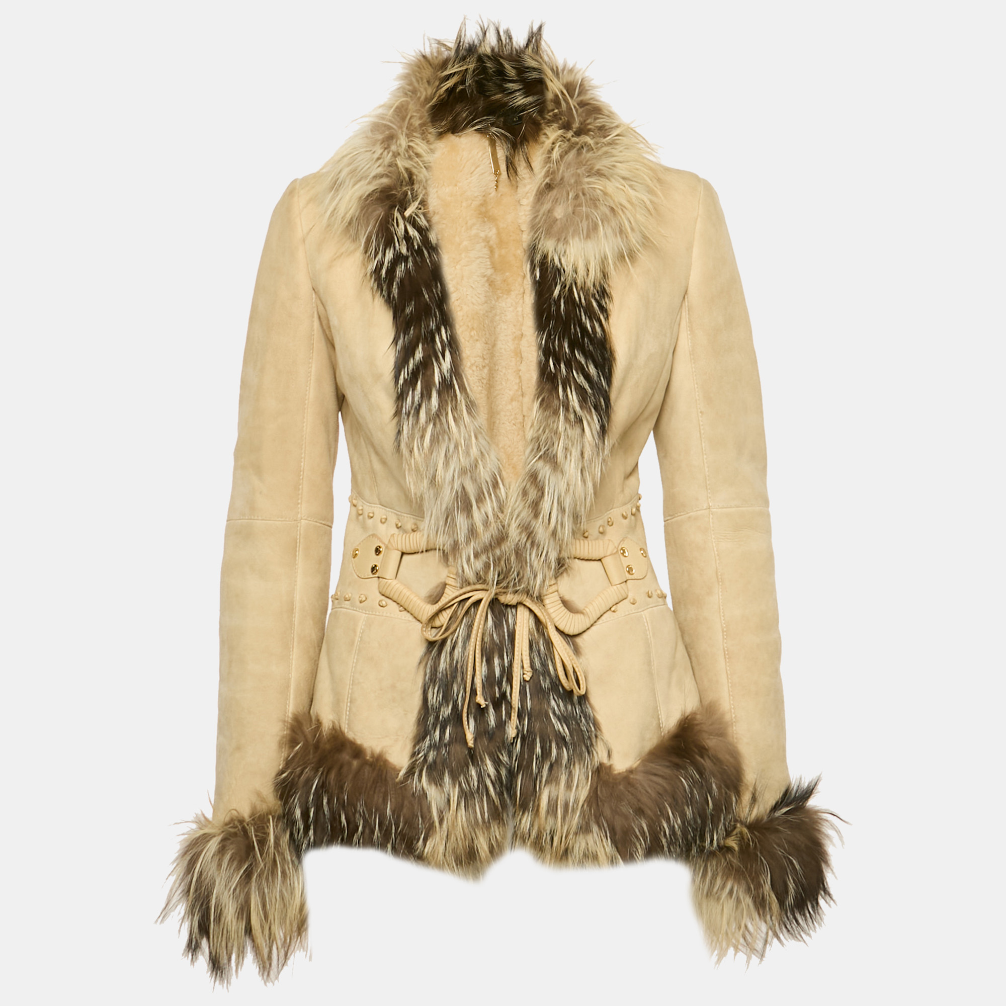 

Roberto Cavalli Beige Real Fur Trim Suede Jacket M