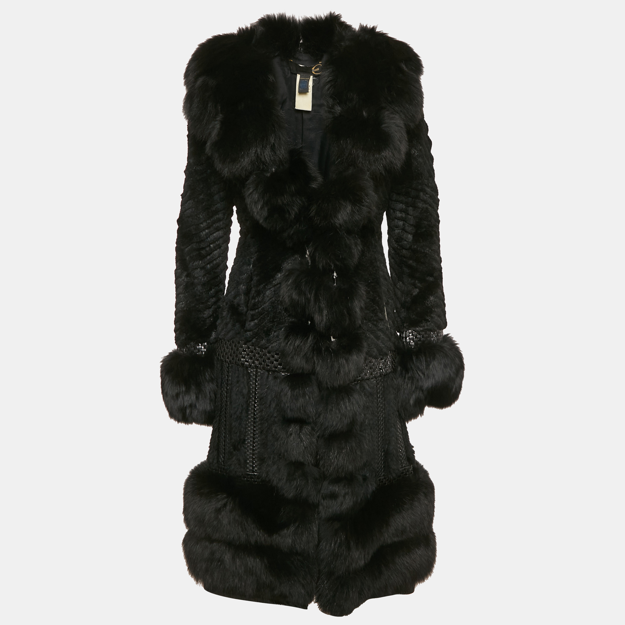 

Roberto Cavalli Black Real Fur and Leather Mid-Length Coat S