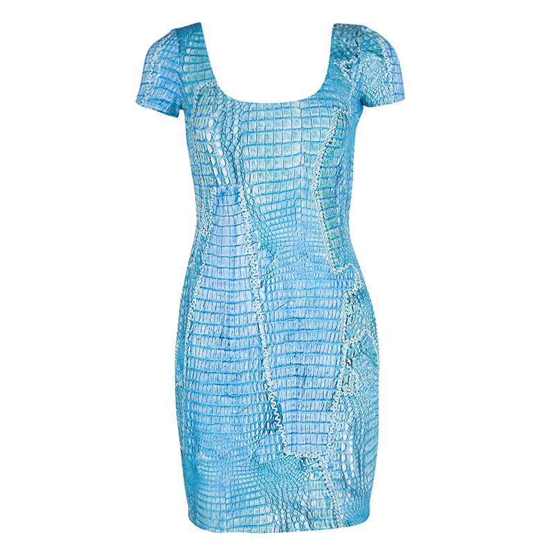 Pre Owned Roberto Cavalli Blue Printed Knit Tassel Tie Back Detail Mini Dress M