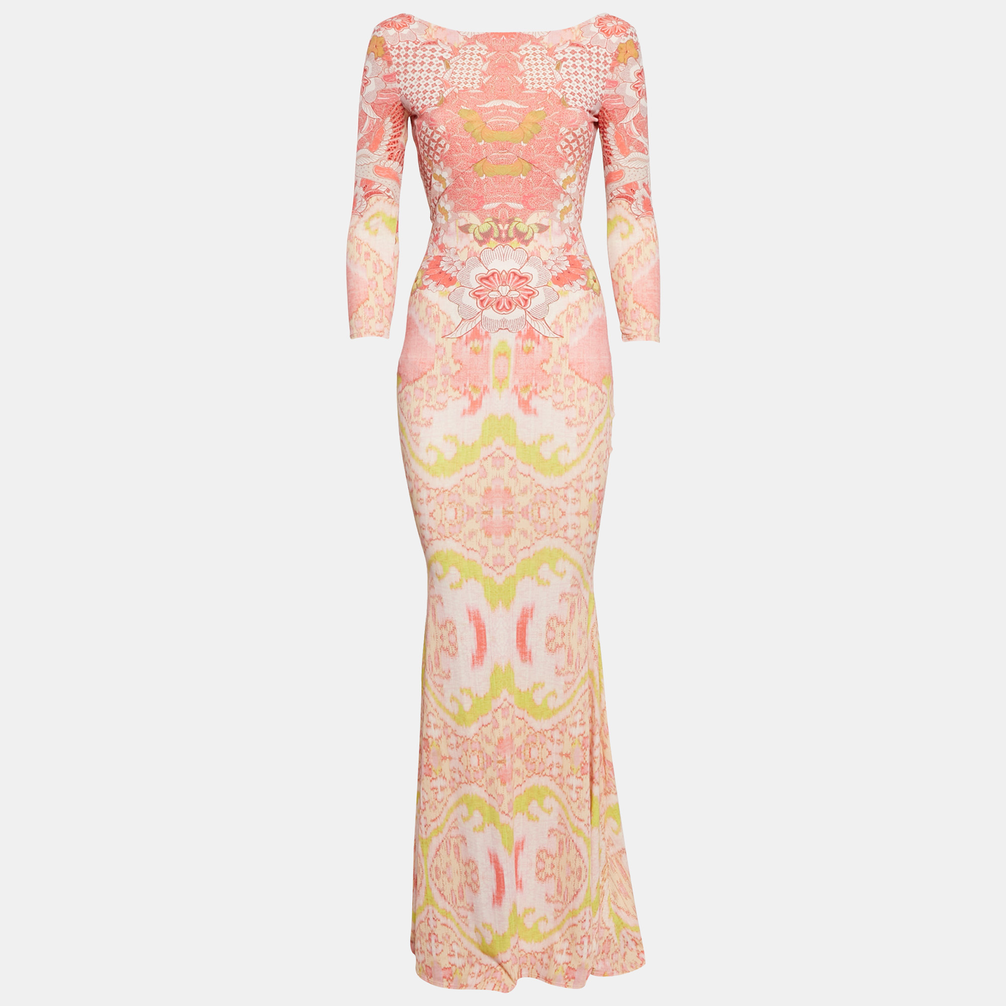 

Roberto Cavalli Pink/Yellow Floral Print Ruched Maxi Dress S