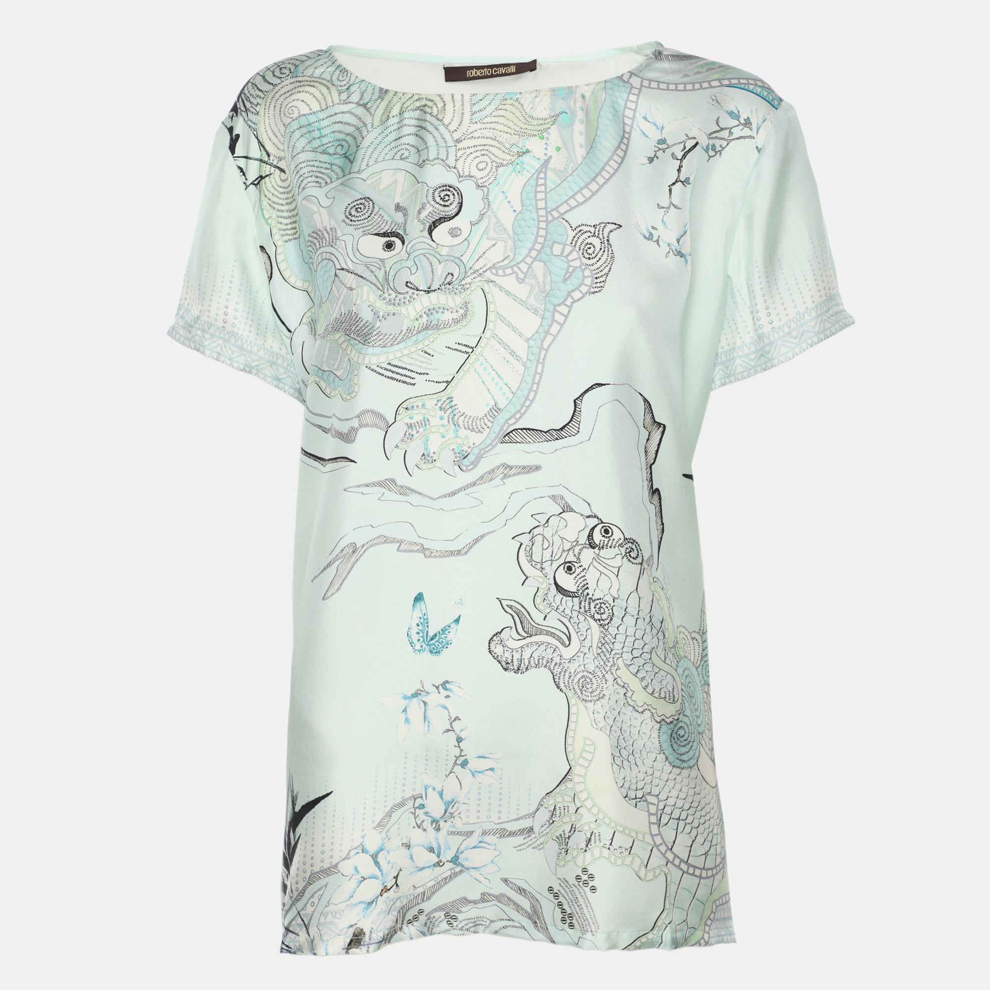 

Roberto Cavalli Blue Printed Silk Top L