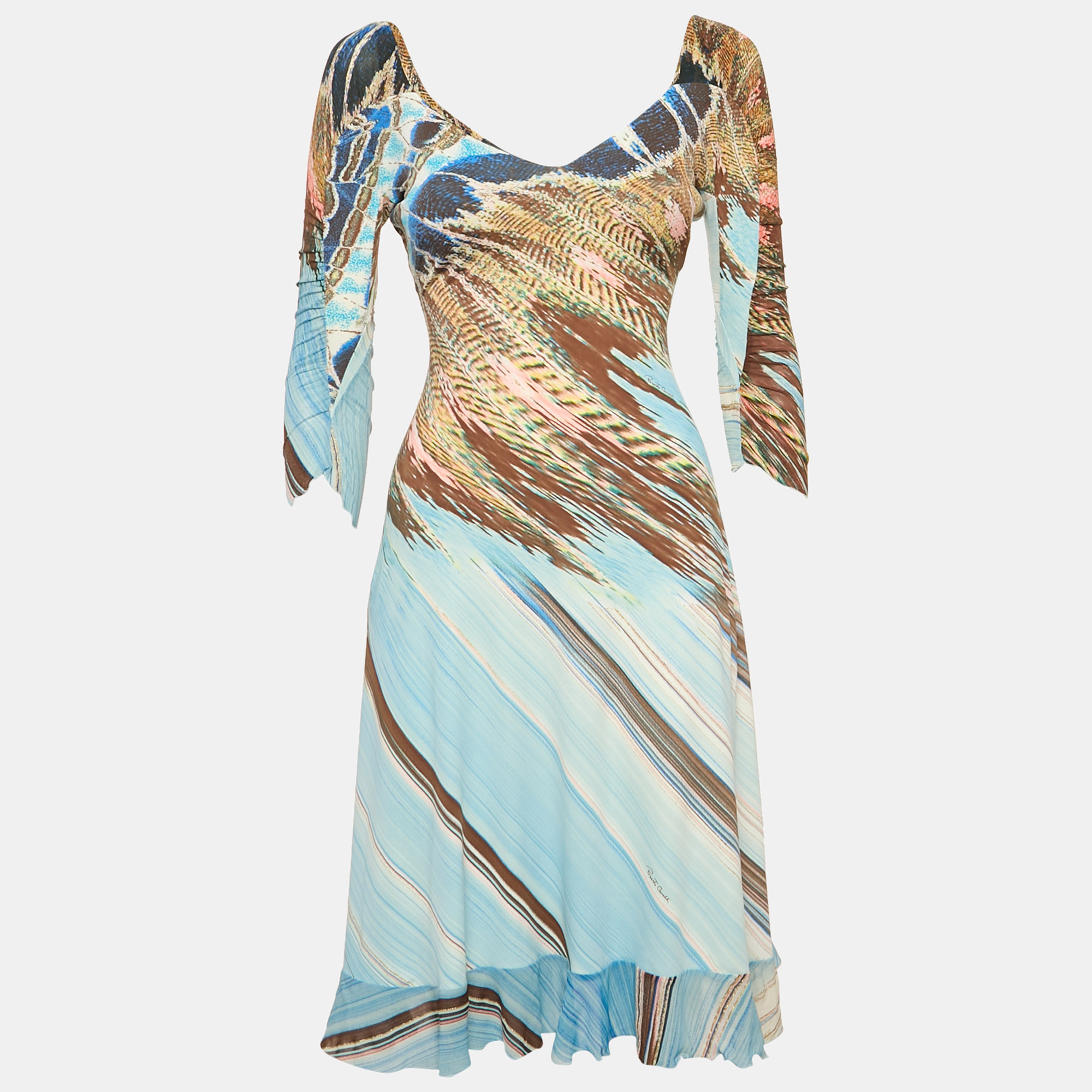 

Roberto Cavalli Blue Printed Jersey Long Sleeve Short Dress XS
