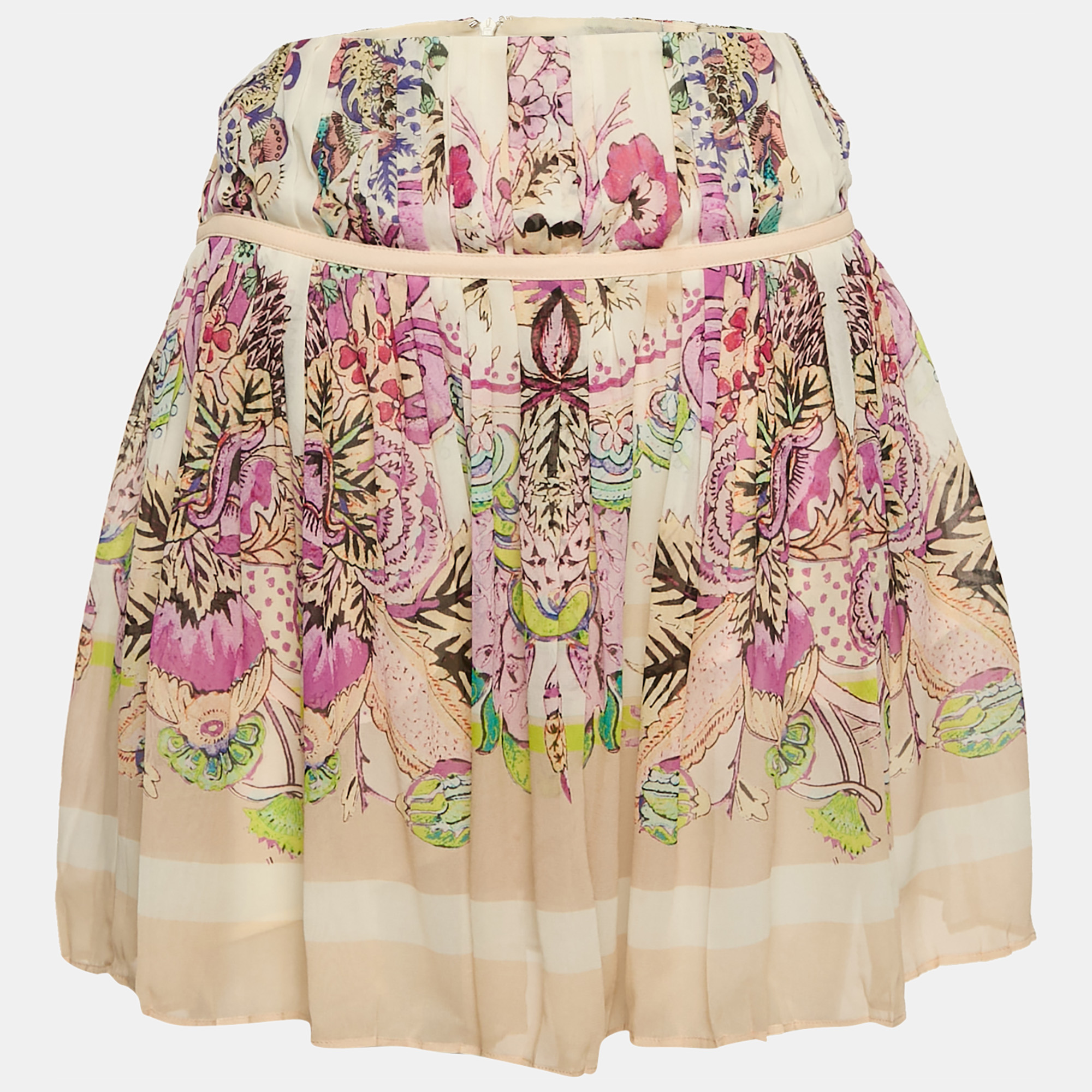 

Roberto Cavalli Pink Floral Print Silk Pleated Mini Skirt S