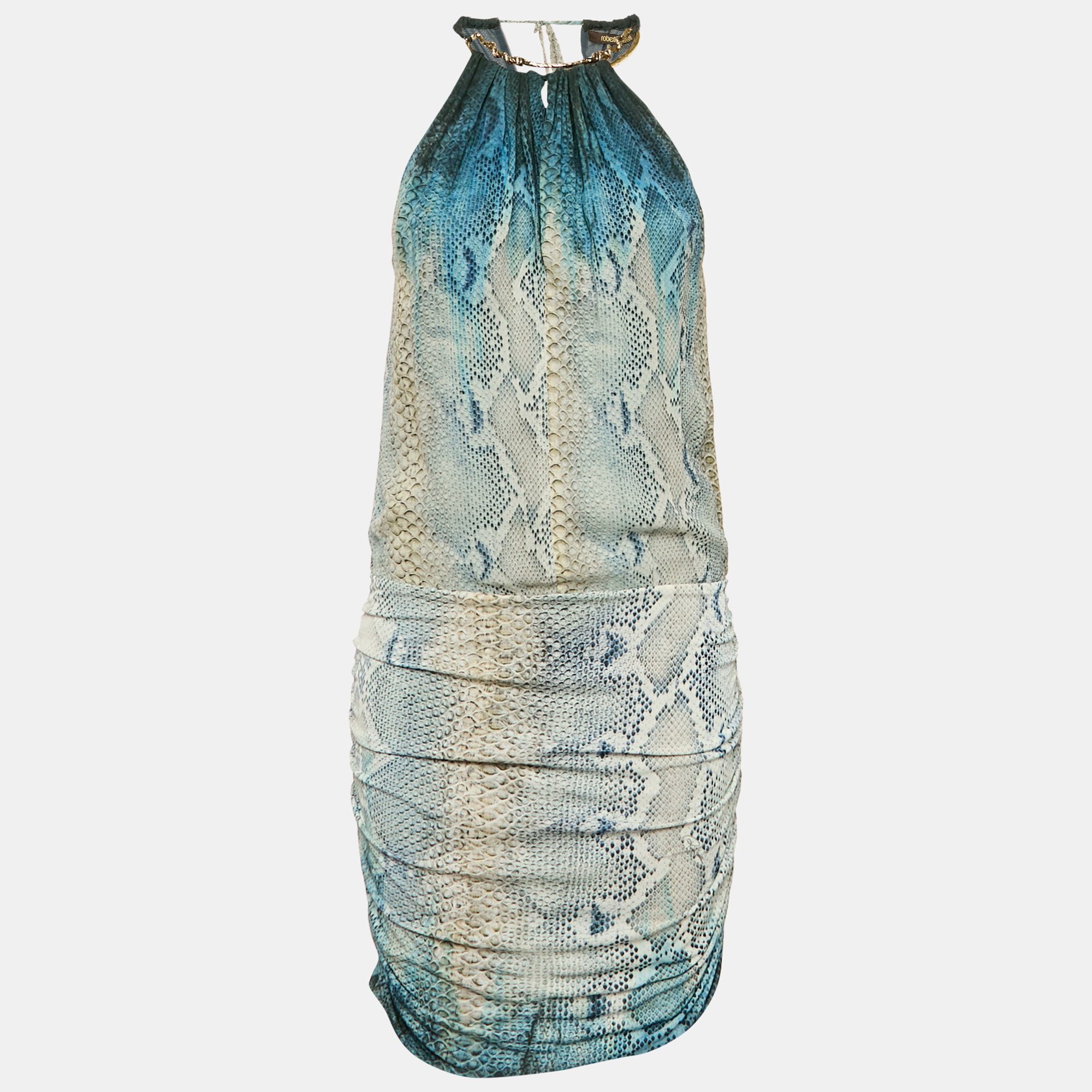 

Roberto Cavalli Blue Snakeskin Prinr Silk and Jersey Ruche Mini Dress M