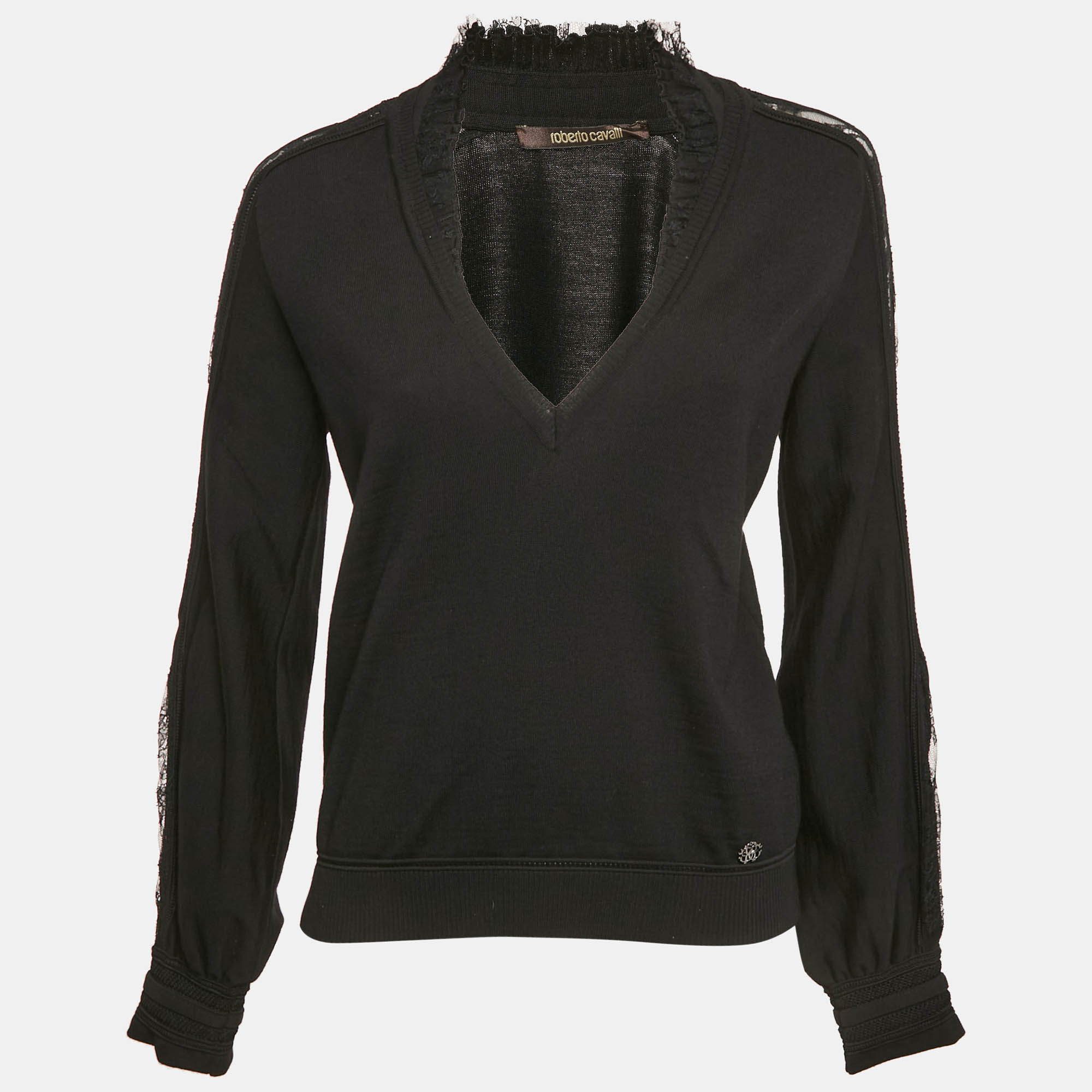 

Roberto Cavalli Black Wool Ruffle Neck Detail V-Neck Sweater M