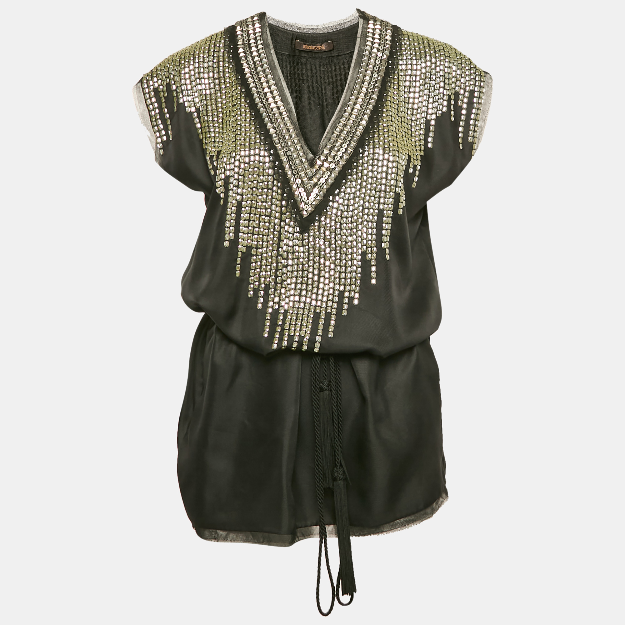 

Roberto Cavalli Black Embellished Silk Tie-Up Detail Kaftan Top S