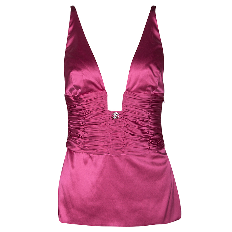 مملوكة مسبقًا توب روبرتو كافالي حرير فوشيا مكشكش بلا أكمام S