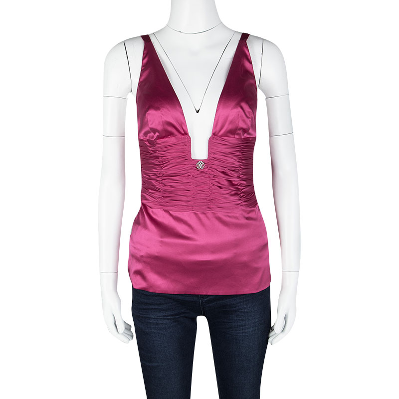 

Roberto Cavalli Fuschia Ruched Sleeveless Silk Top, Pink