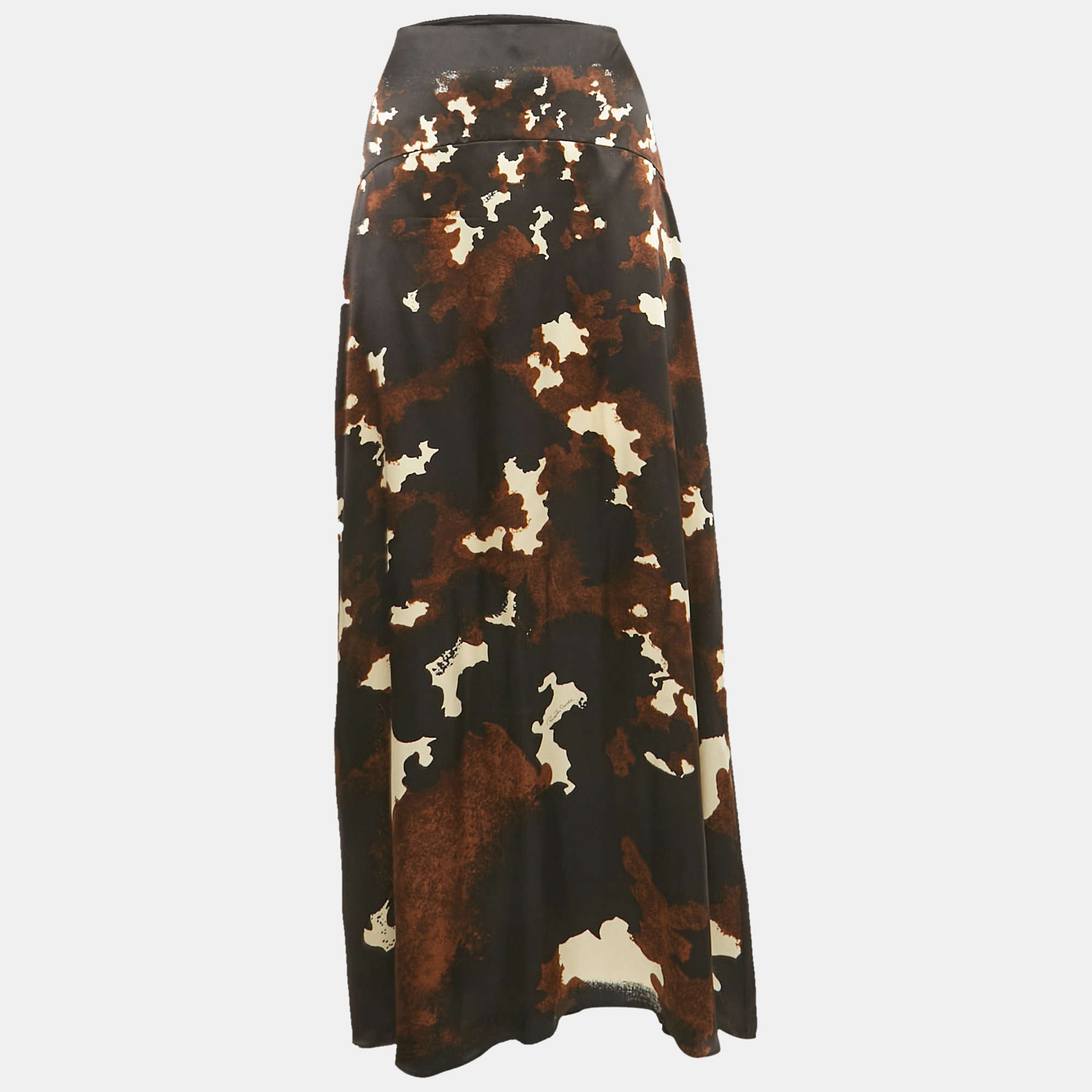

Roberto Cavalli Black/Brown Printed Satin Silk Maxi Skirt L
