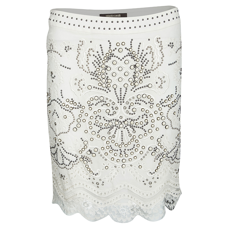 Roberto Cavalli Off White Eyelet Lace Scallop Hem Detail Embellished Skirt S