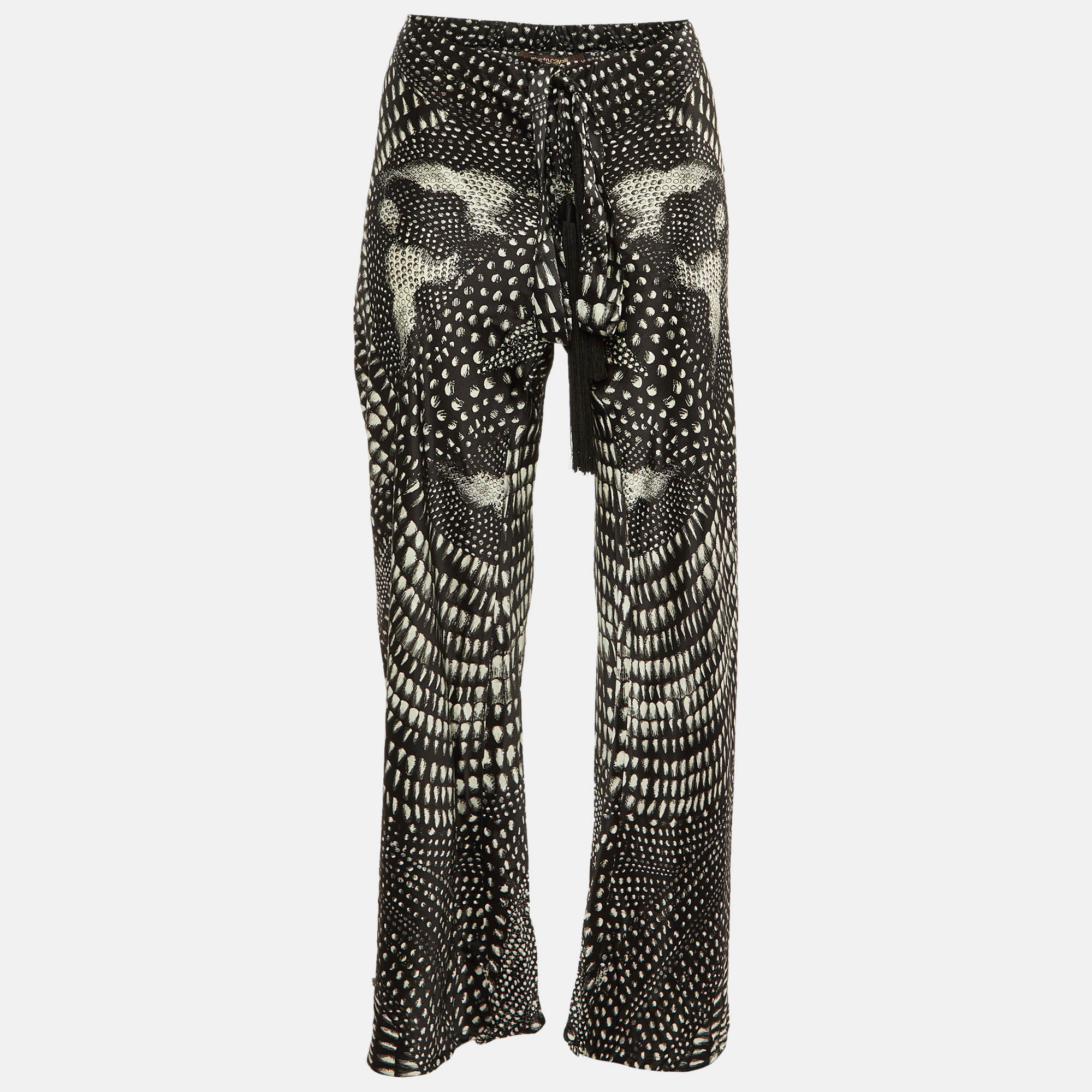 

Roberto Cavalli Black Printed Silk Wide leg Trousers S