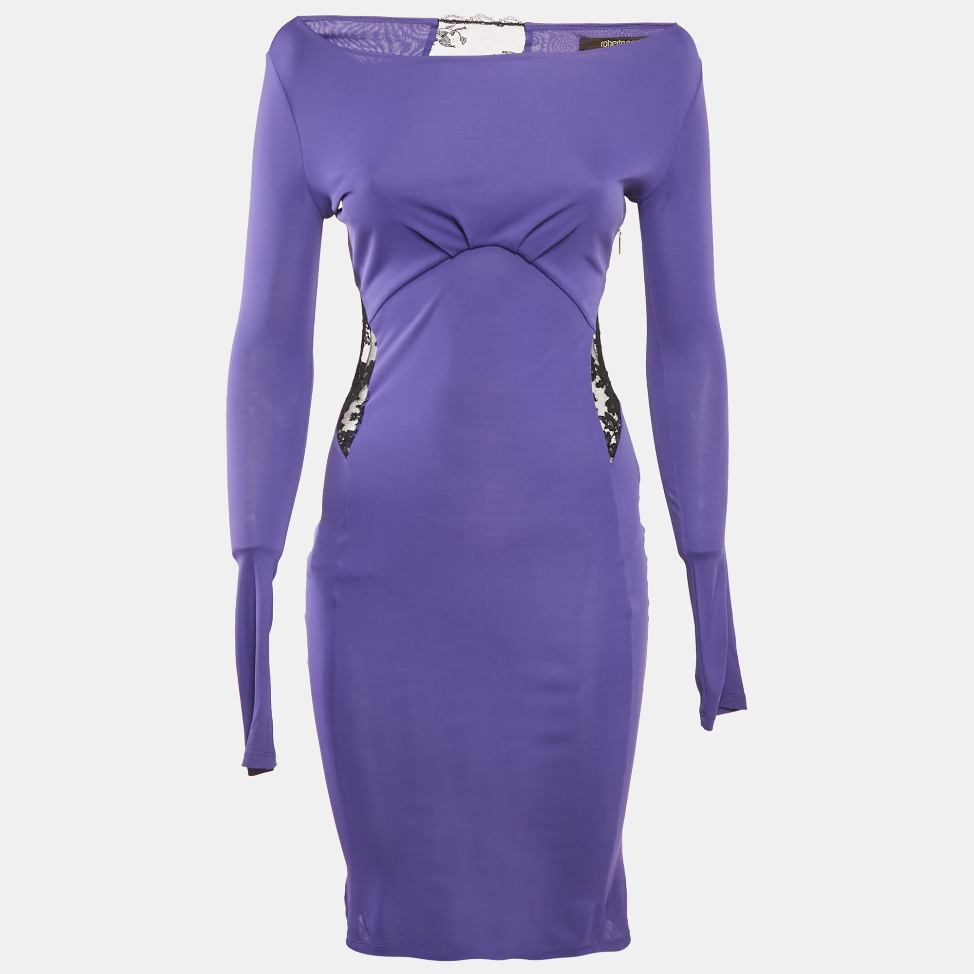 Roberto Cavalli Purple Crepe Lace Back Midi Dress S