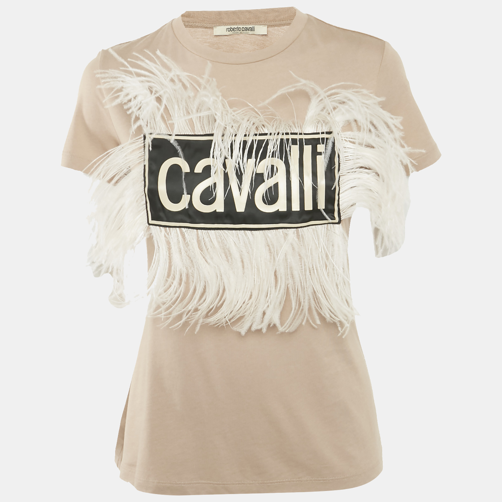 

Roberto Cavalli Beige Cotton and Modal Faux Feather Detail T-Shirt XS