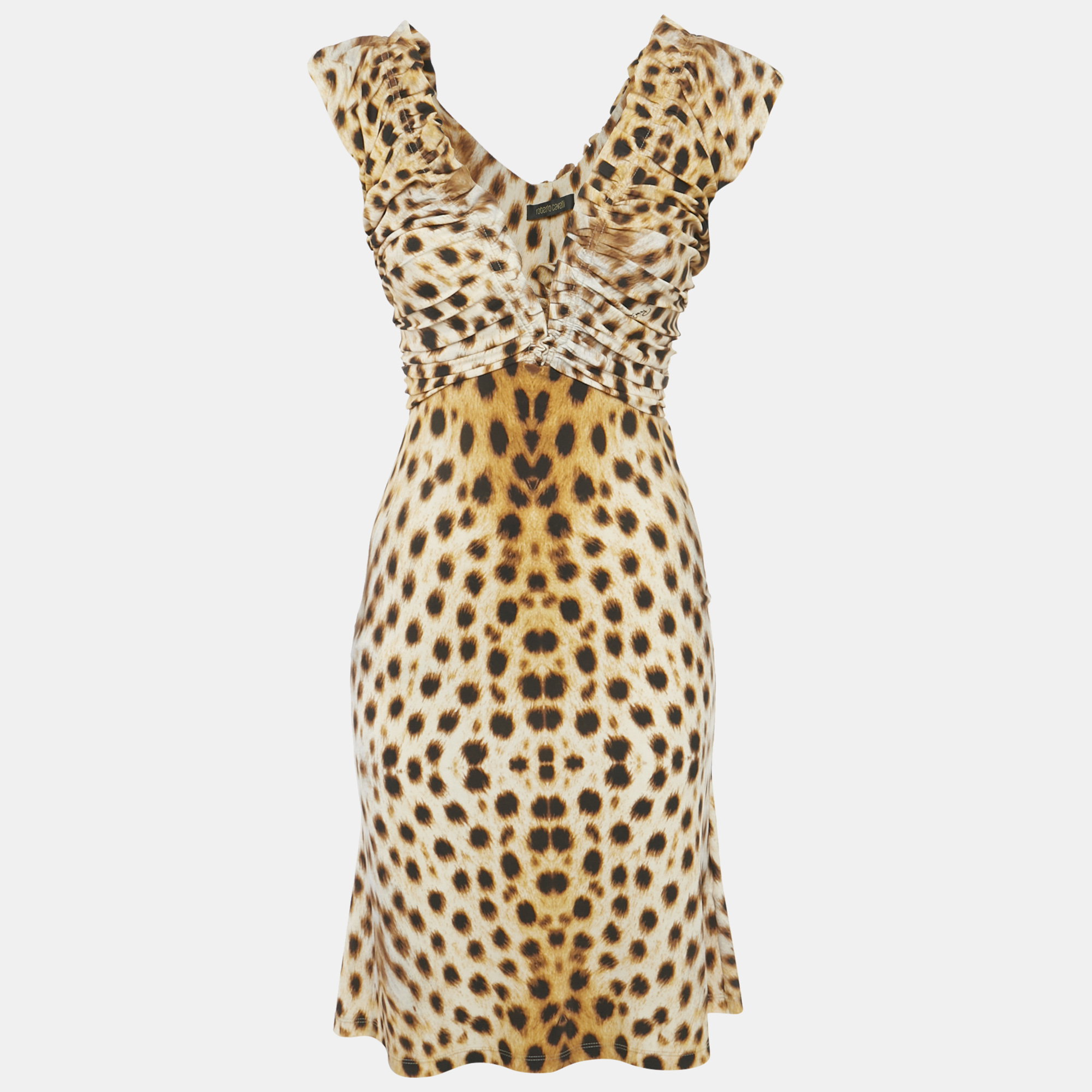 Pre-owned Roberto Cavalli Brown Jersey Ruche Mini Dress S