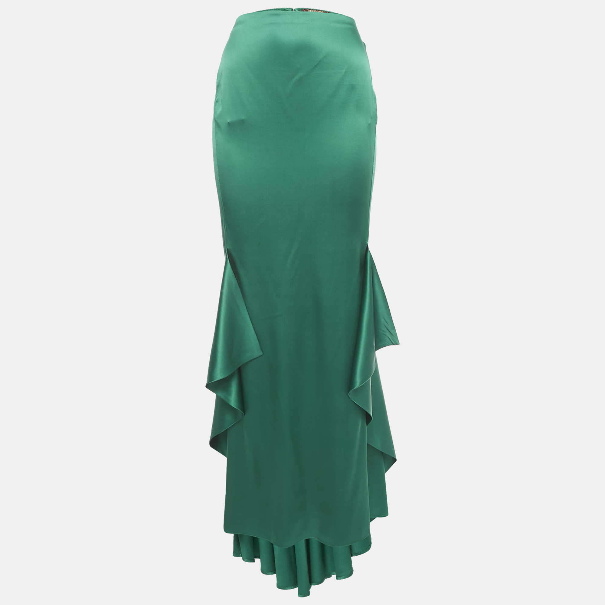 Pre-owned Roberto Cavalli Green Satin Ruffled High-low Maxi Skirt M