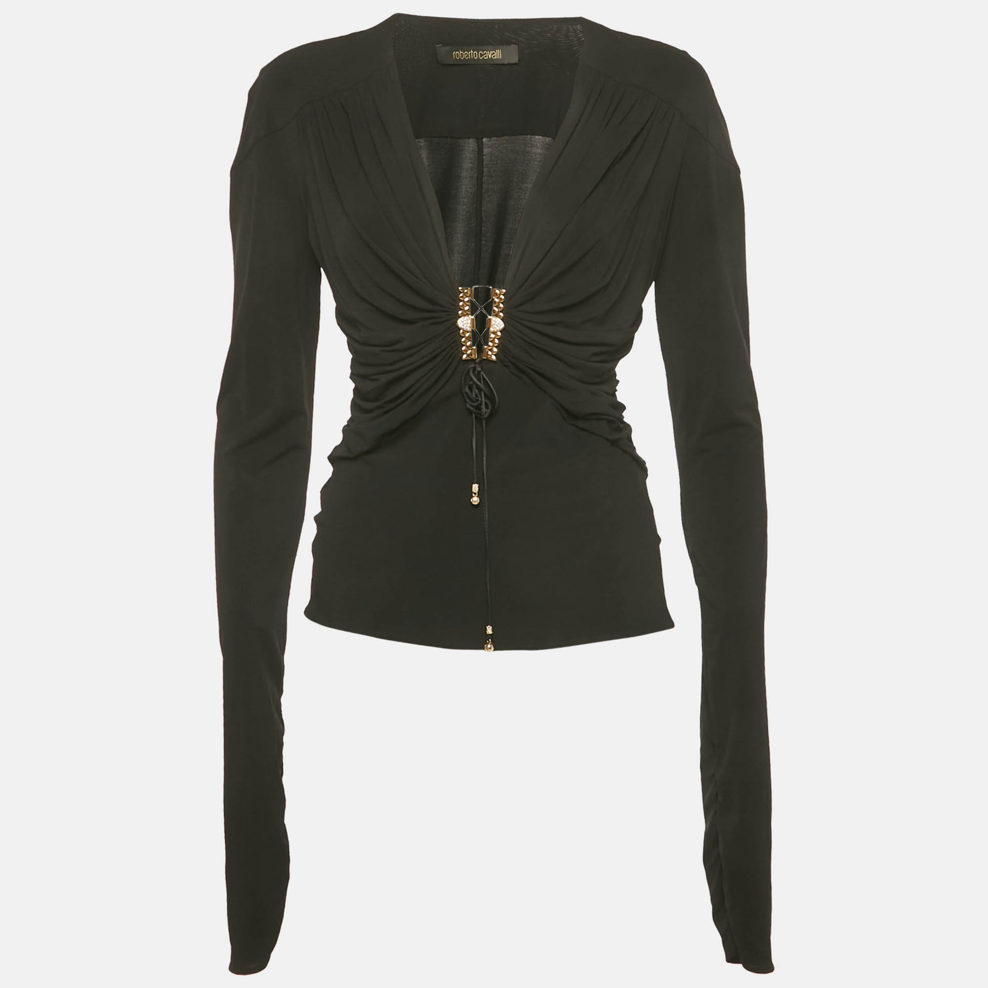 

Roberto Cavalli Black Embellished Lace Up Jersey Top M