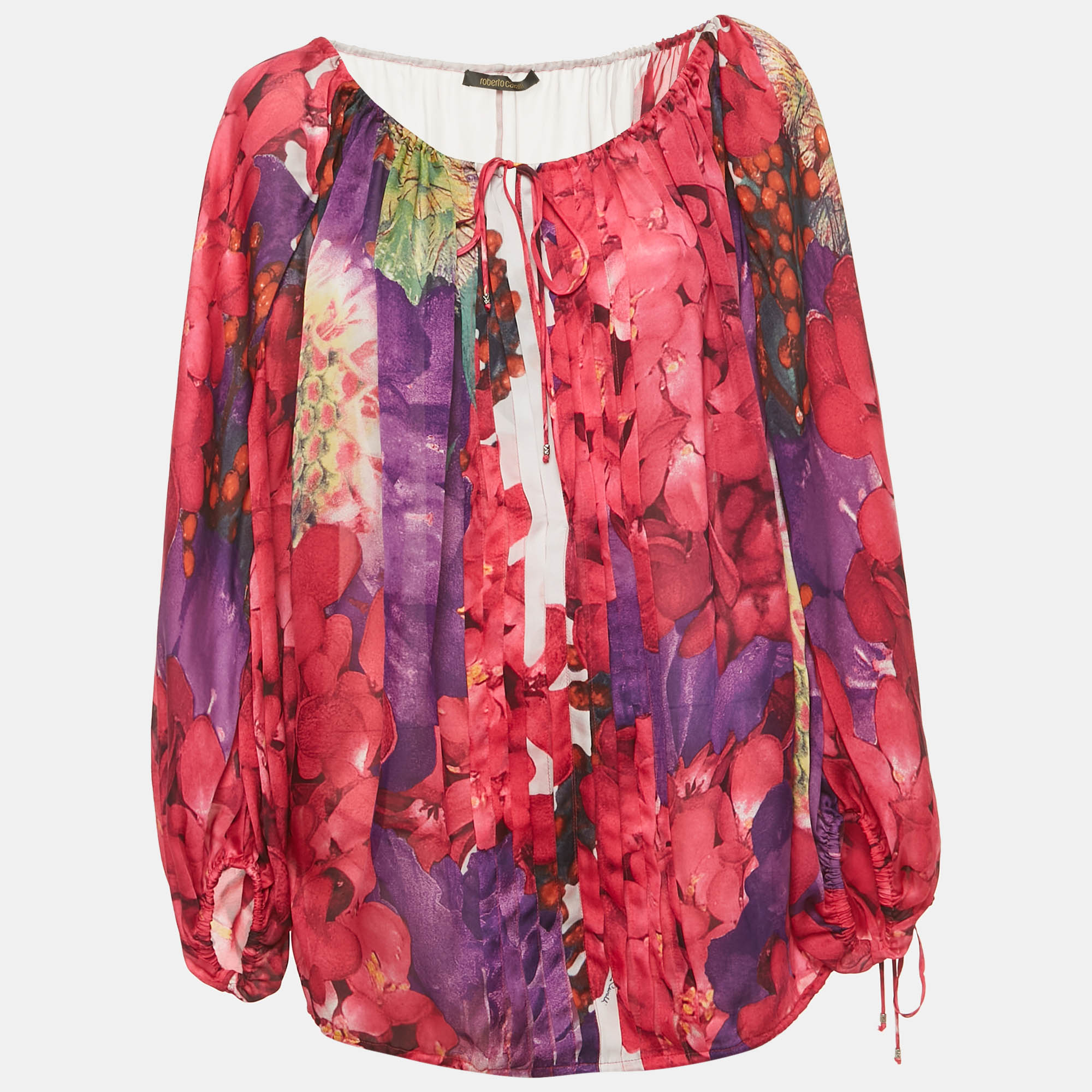 Pre-owned Roberto Cavalli Pink Floral Print Silk Pleated Blouse M