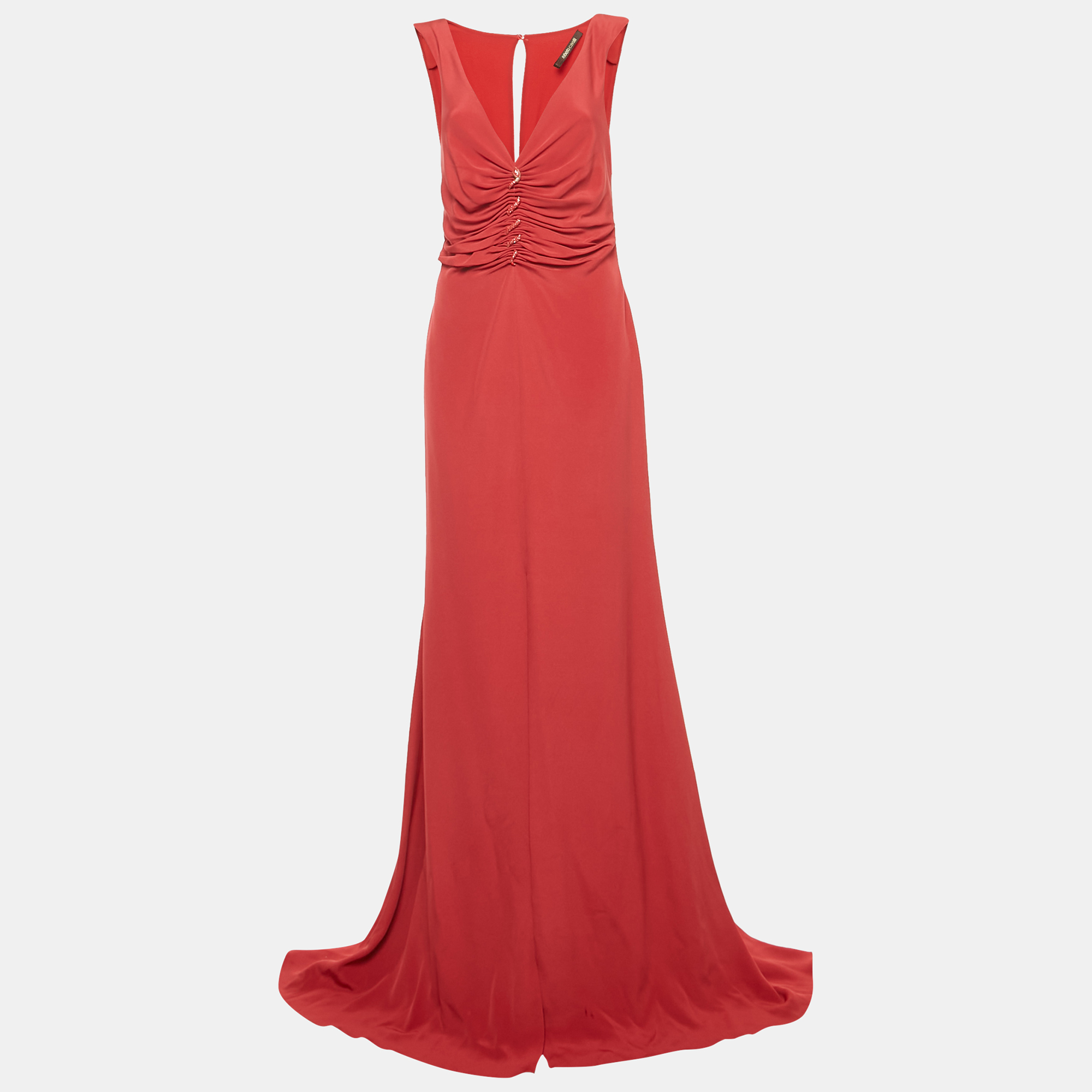 Pre-owned Roberto Cavalli Red Crepe Ruched Slit Maxi Dress M