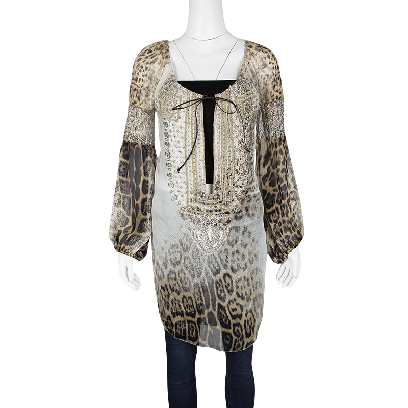 

Roberto Cavalli Leopard Print Metallic Embroidered Silk Long Sleeve Sheer Tunic, Brown