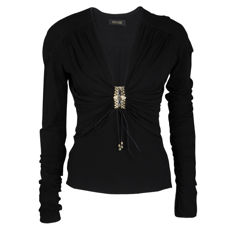 مملوكة مسبقًا Roberto Cavalli Black Embellished Tie Detail Long Sleeve Ruched Top M