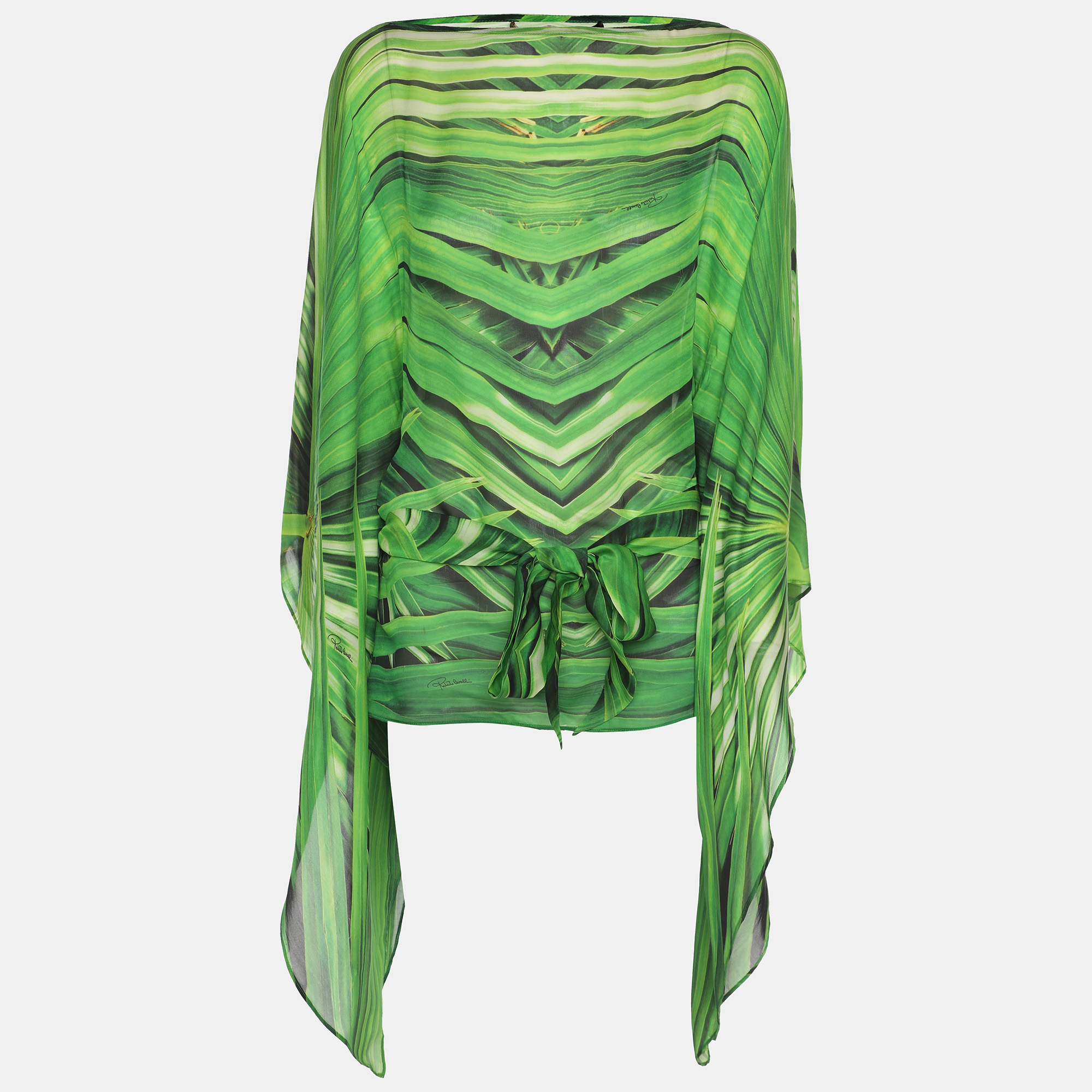 

Roberto Cavalli Green Printed Silk Belted Kaftan Top S