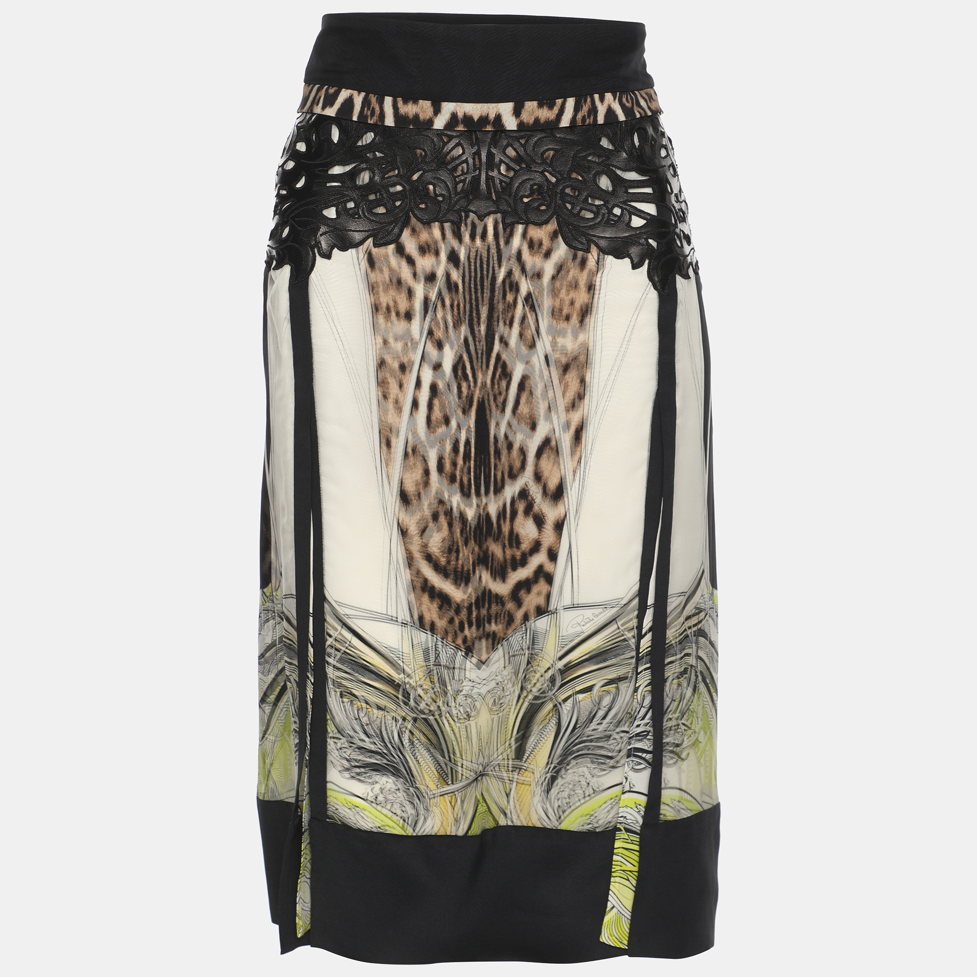 Pre-owned Roberto Cavalli Multicolor Printed Silk Side Slits Midi Skirts S