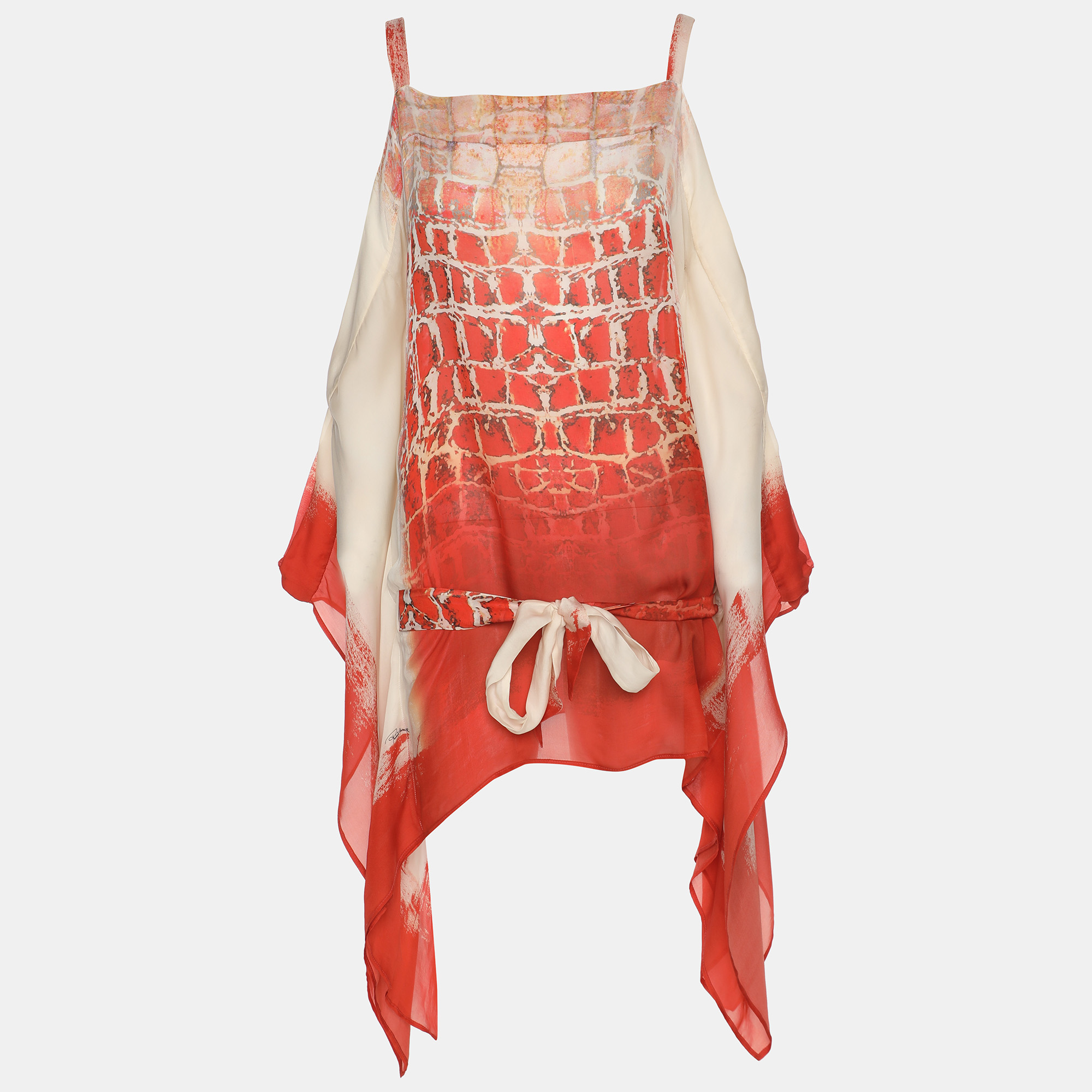 Pre-owned Roberto Cavalli Orange & White Printed Silk Wrap Around Belted Kaftan Blouse