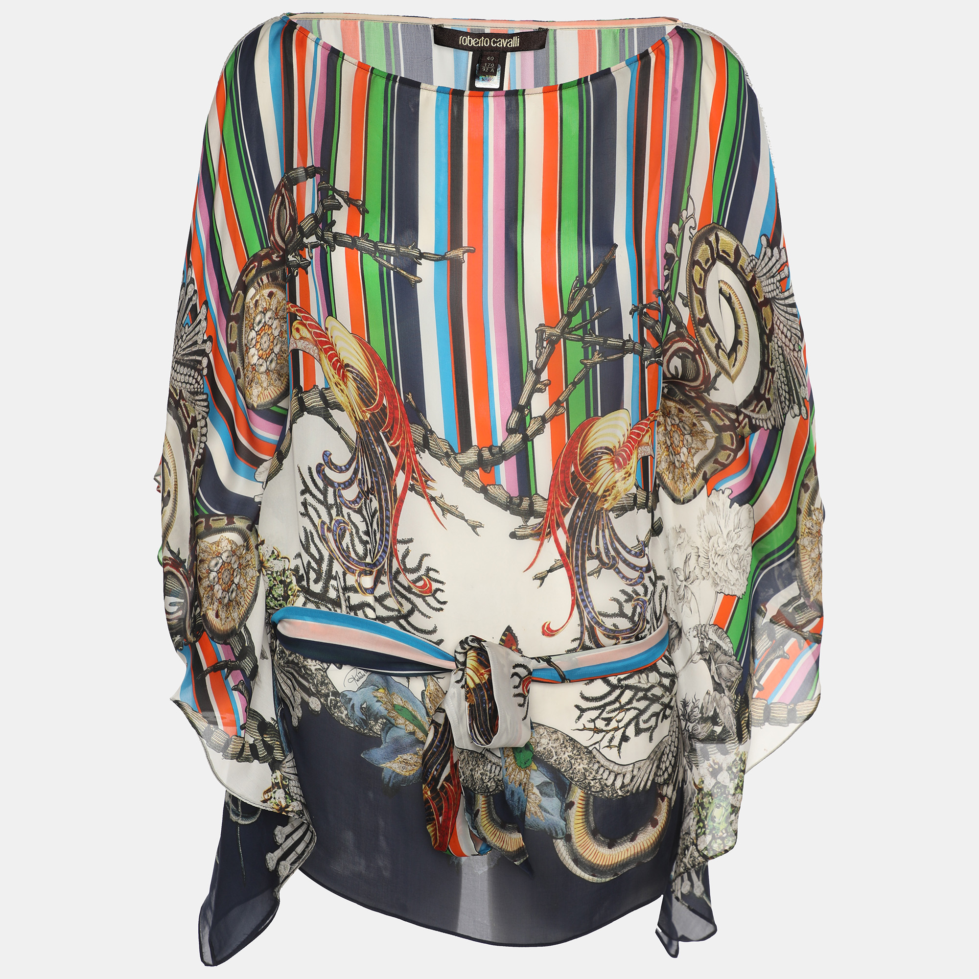 Pre-owned Roberto Cavalli Multicolor Stripe Printed Silk Belted Kaftan Blouse S