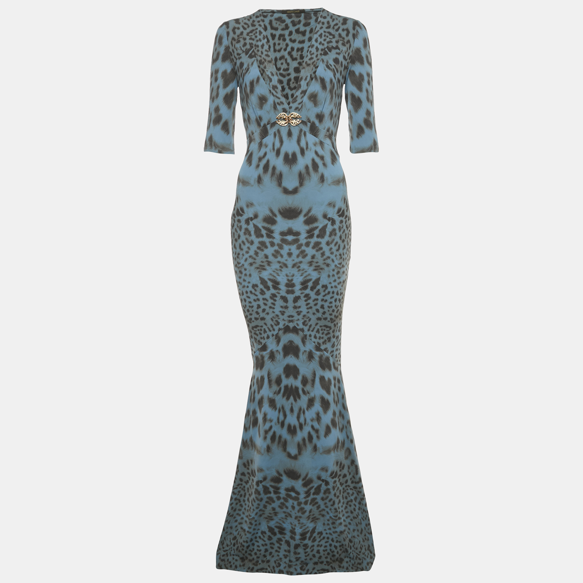 

Roberto Cavalli Teal Blue Animal Printed Jersey Plunge Neck Maxi Dress S
