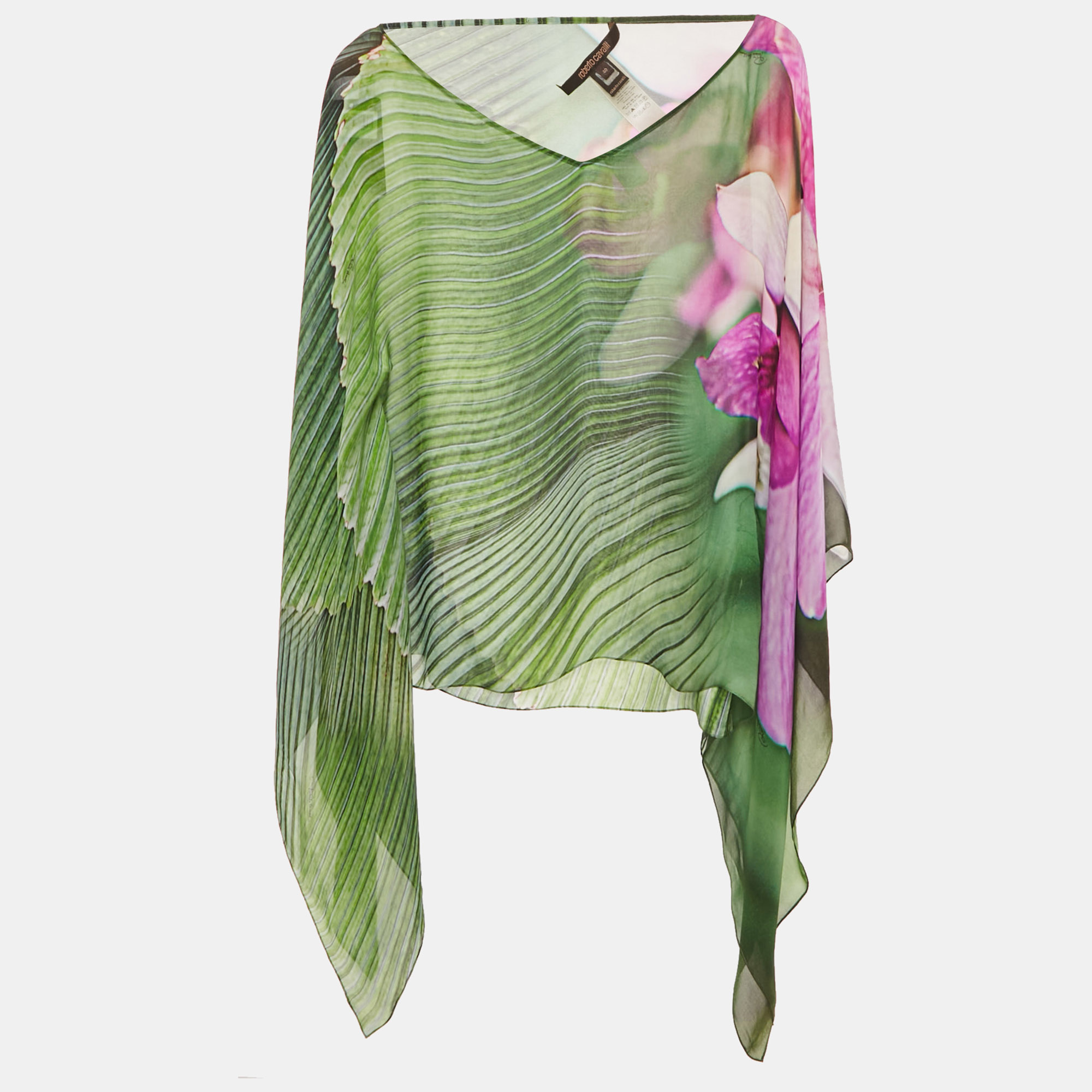 

Roberto Cavalli Green Floral Print Silk Kaftan Top S