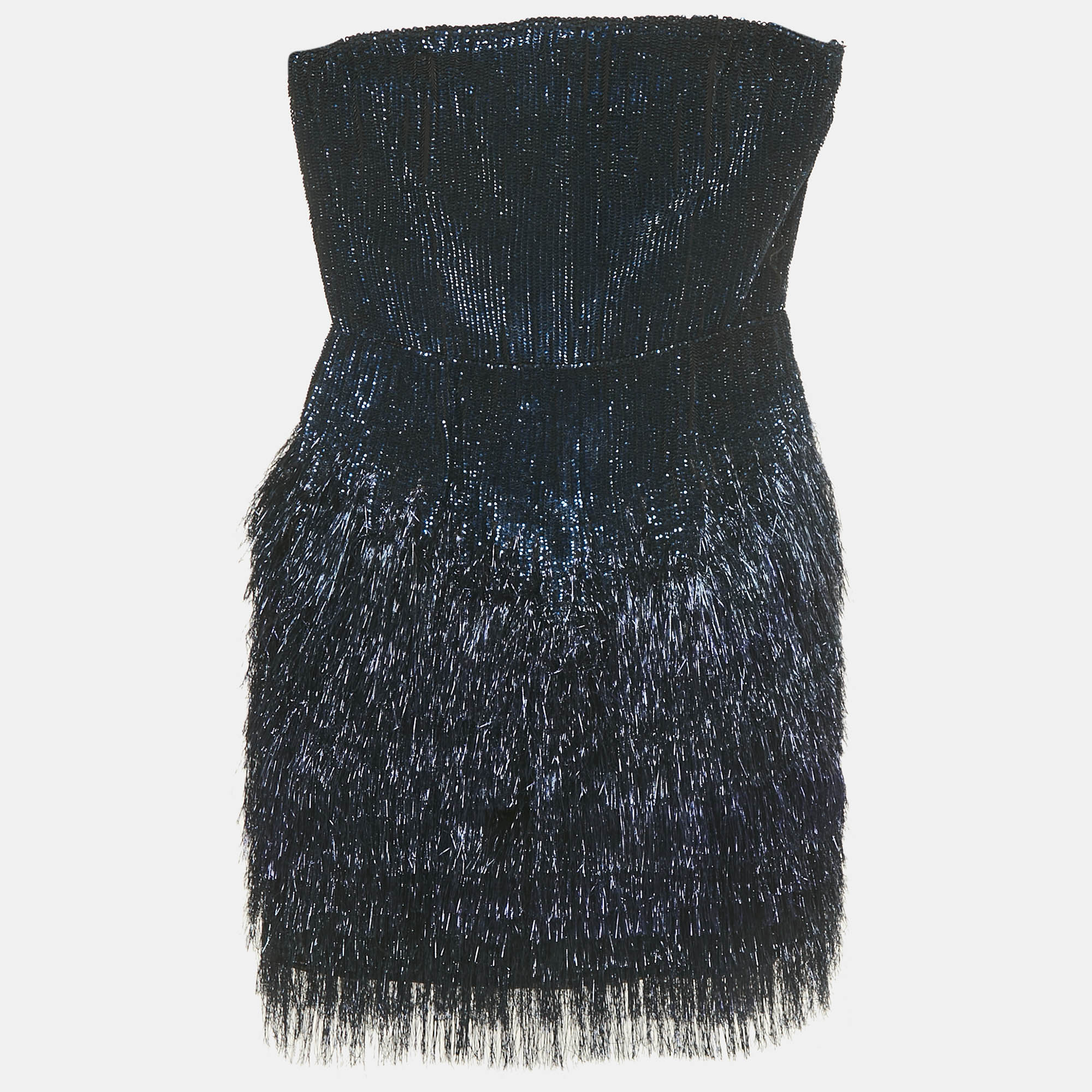 

Roberto Cavalli Blue Sequin and Lurex Fringed Strapless Mini Dress S
