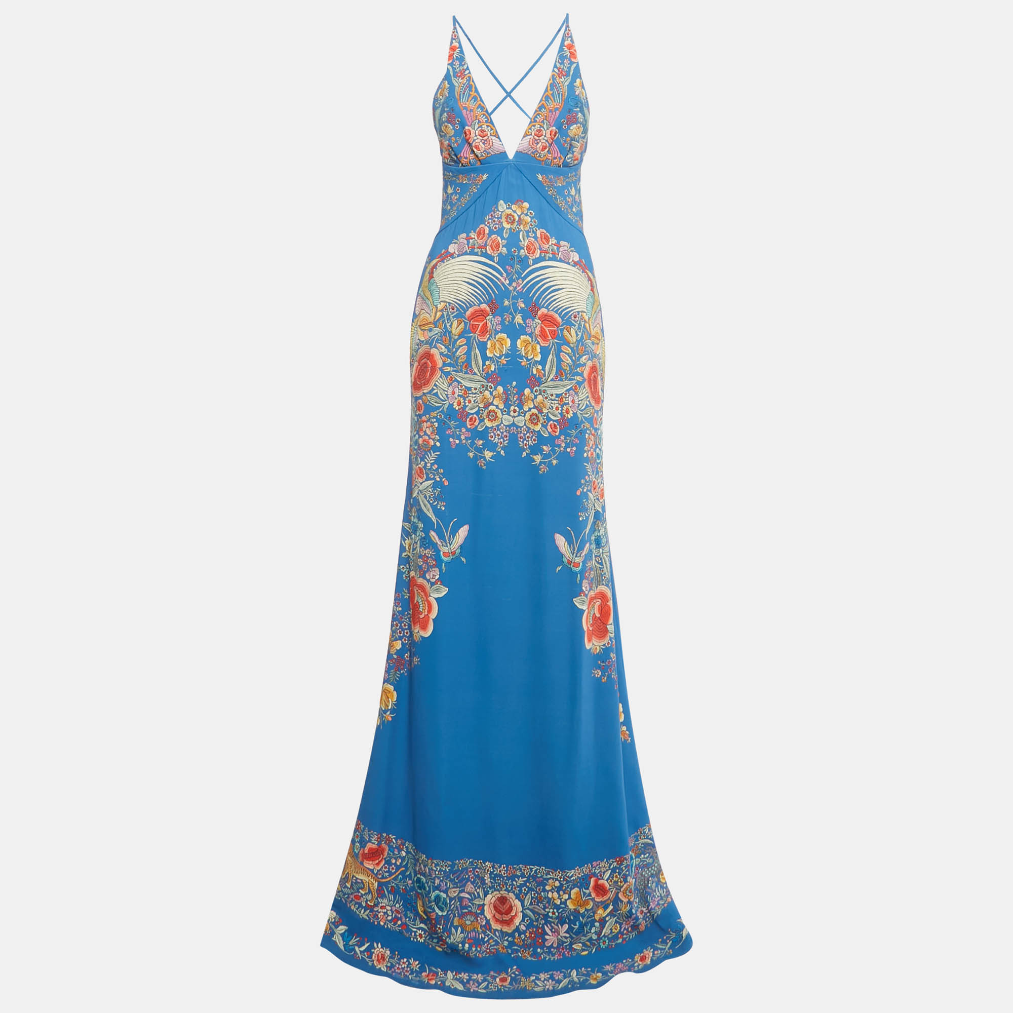

Roberto Cavalli Blue Floral Print Jersey Cut-Out Maxi Dress M