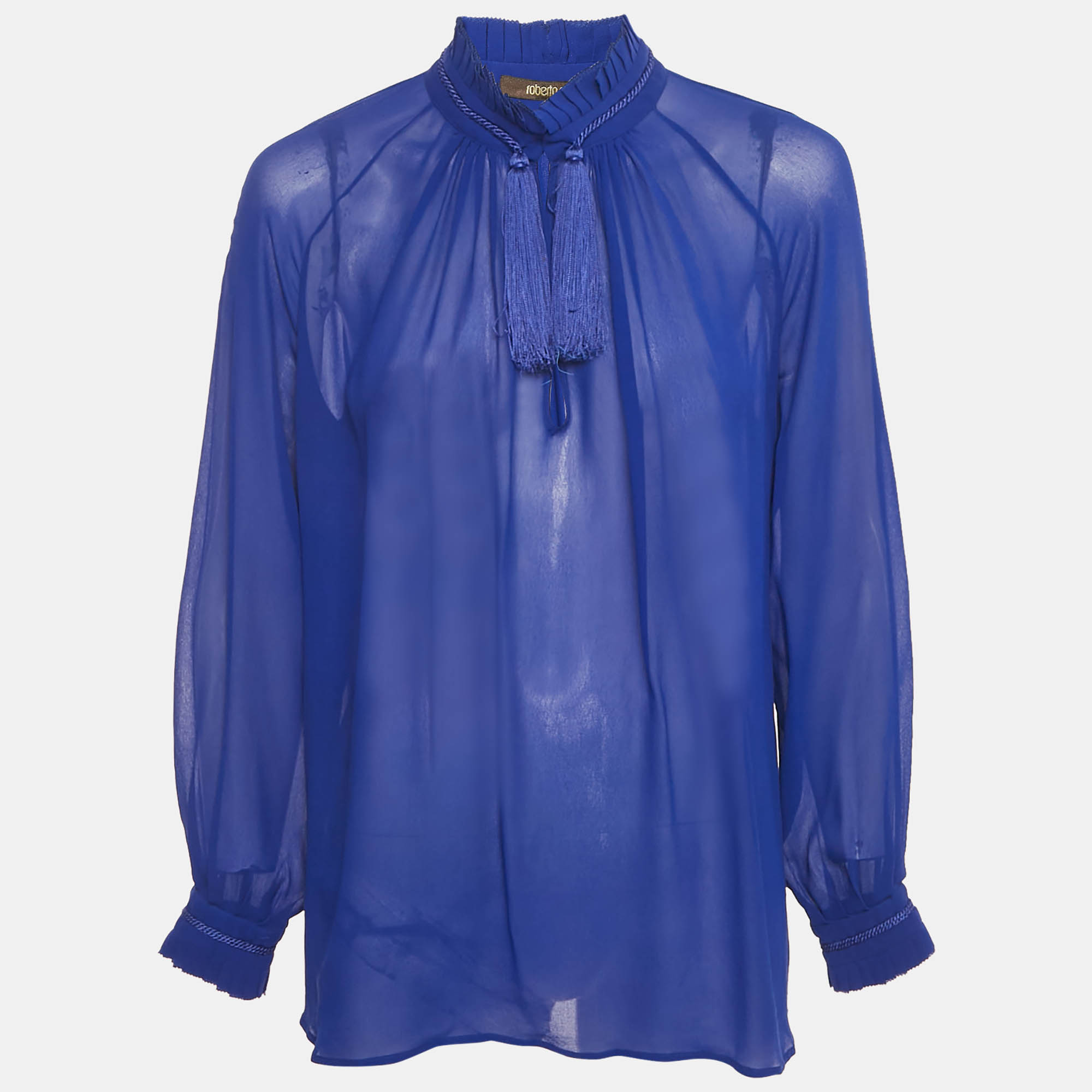 

Roberto Cavalli Blue Silk Tassel Detailed Sheer Blouse S