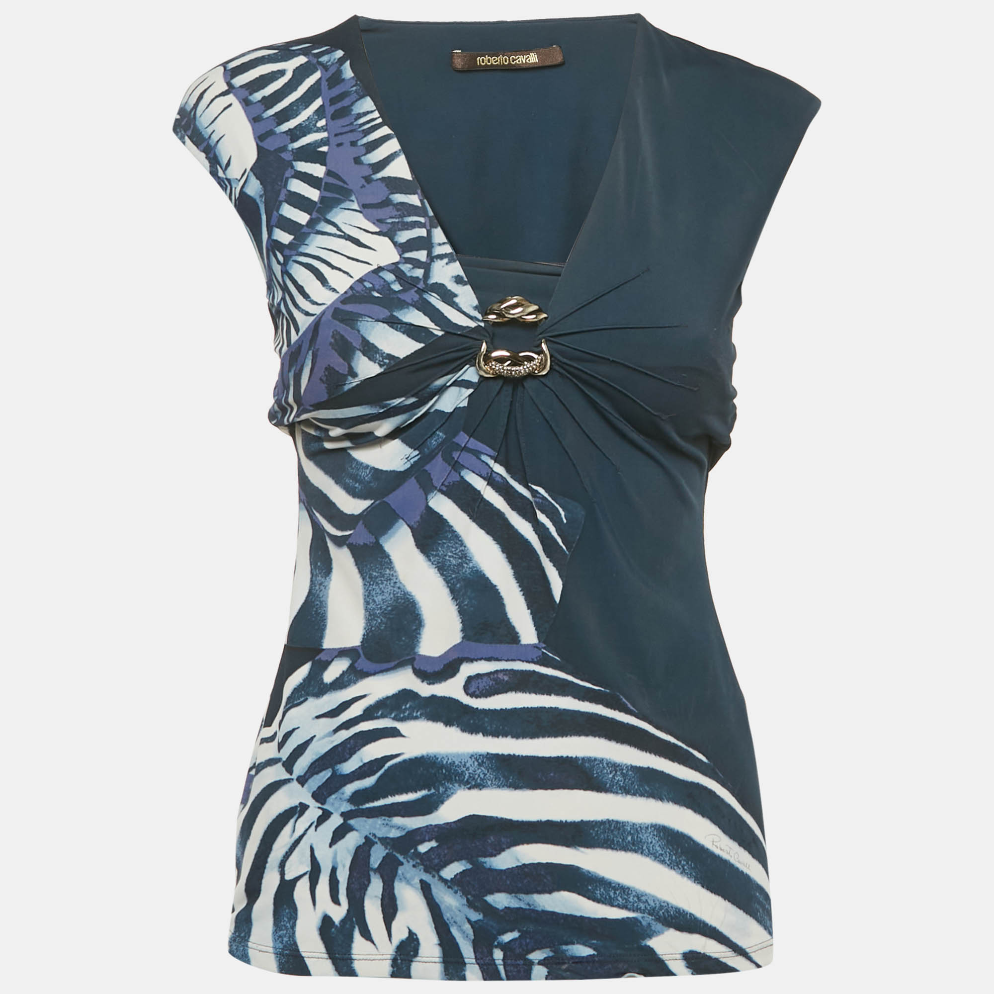 

Roberto Cavalli Blue Printed Jersey Neck Detail Top S