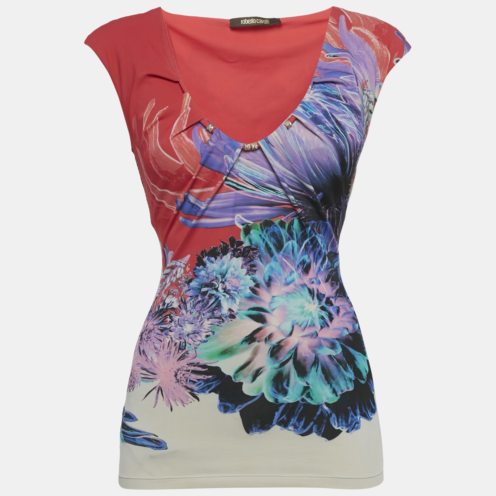 Pre-owned Roberto Cavalli Pink Printed Jersey Scoop Neck Top S