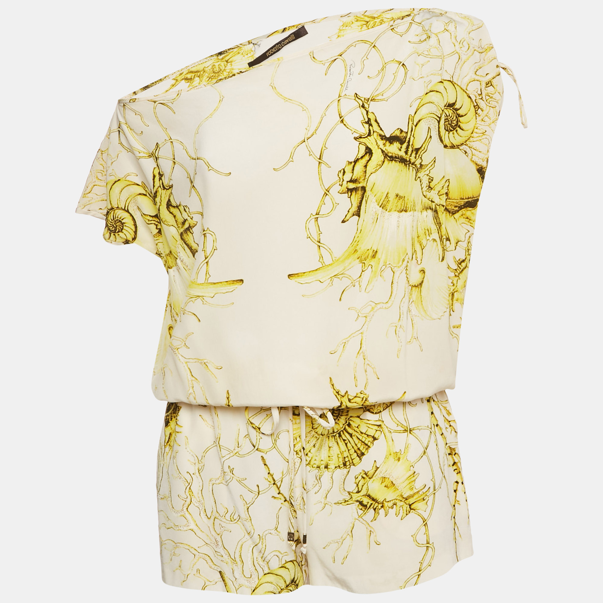 Pre-owned Roberto Cavalli Off White/yellow Printed Silk Drawstring Playsuit M