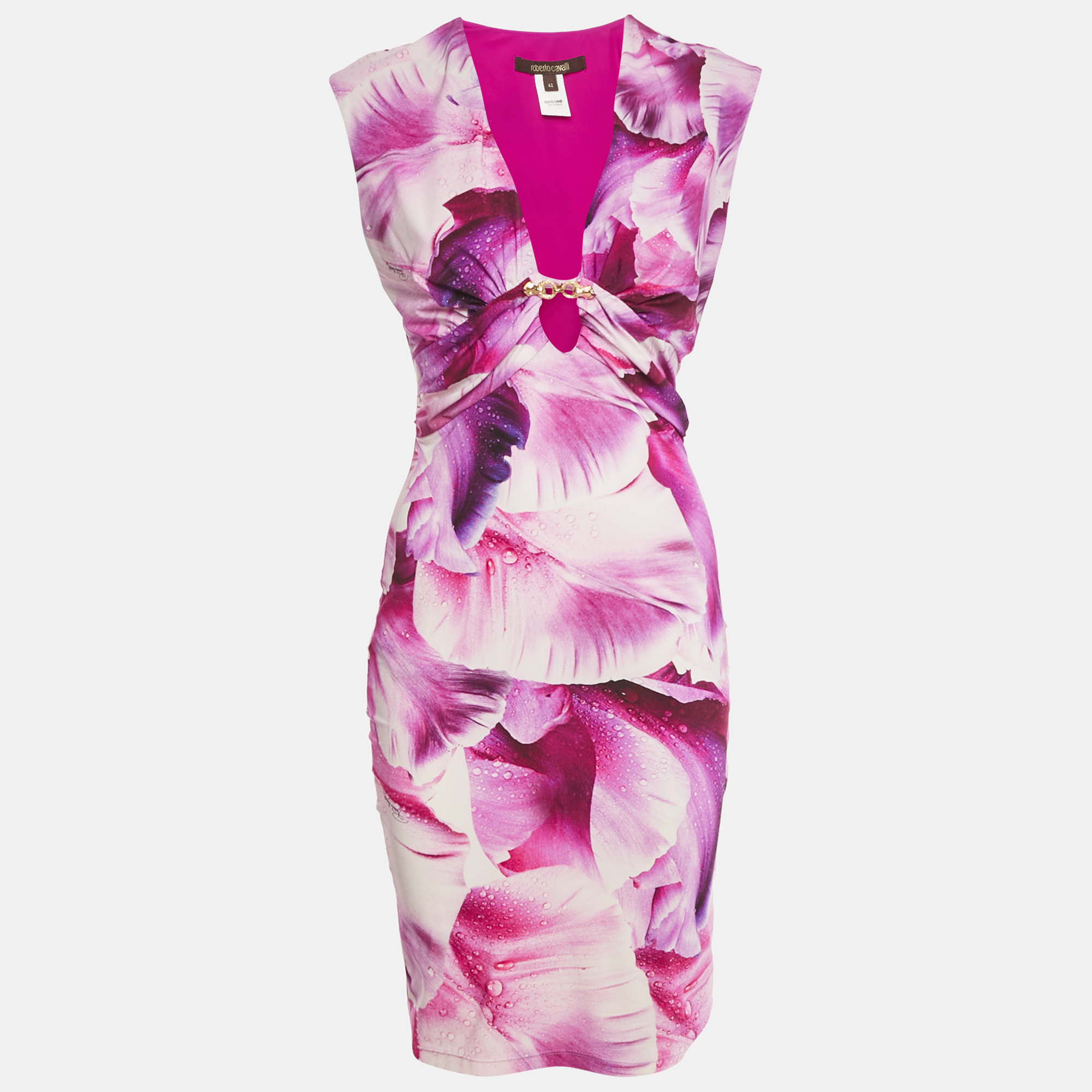 Pre-owned Roberto Cavalli Pink Floral Graphic Print Jersey Cut-out Detail Mini Dress M