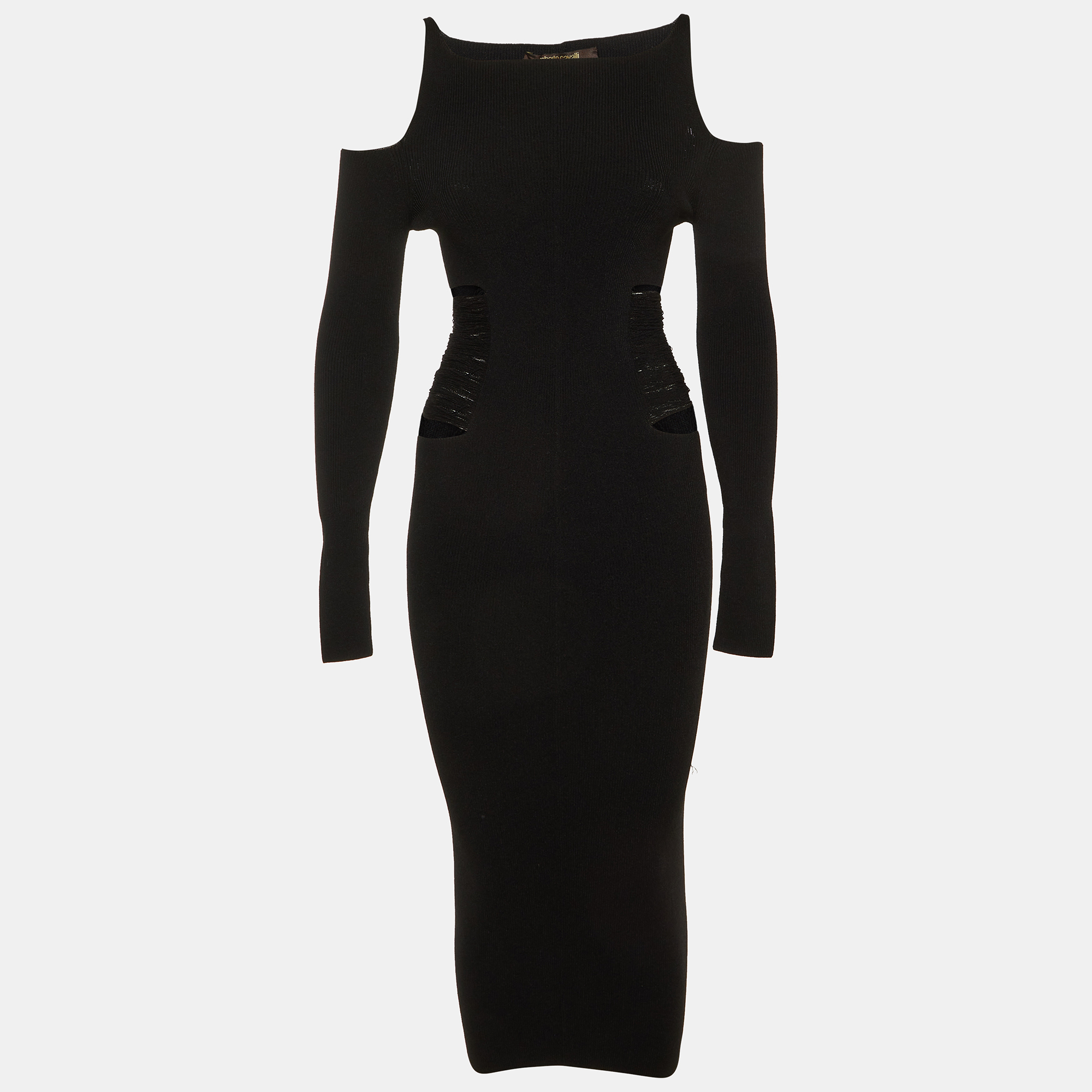 Roberto Cavalli Black Knit Distressed Detail Cold Shoulder Dress S